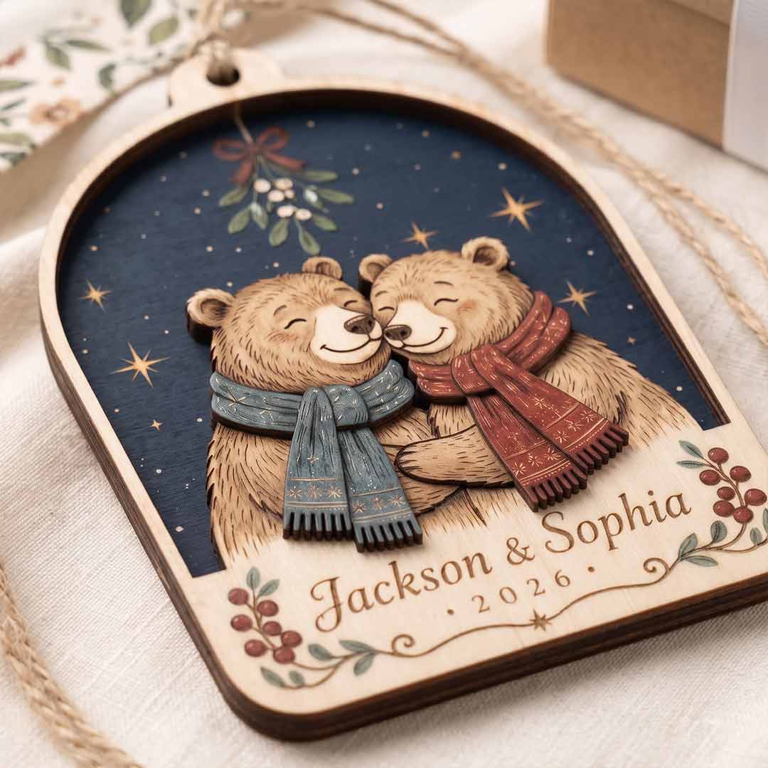 Christmas Bear Couple Personalized Custom Name Date Couple 2-Layer Wooden Christmas Ornament for Couples Christmas Gift