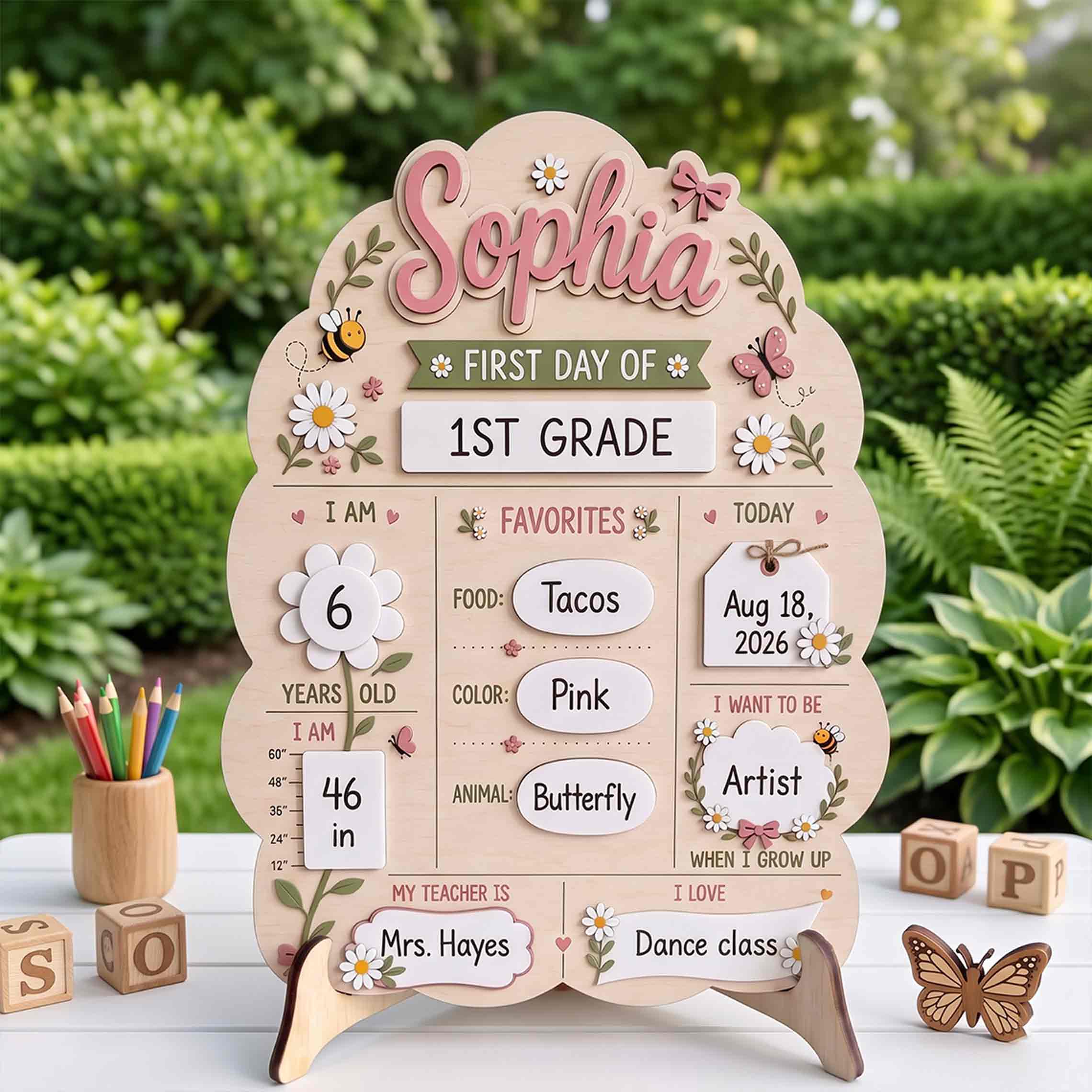 Personalized Cottage Floral Garden First & Last Day School Sign, Reusable Dry Erase Board, Back to School Sign
