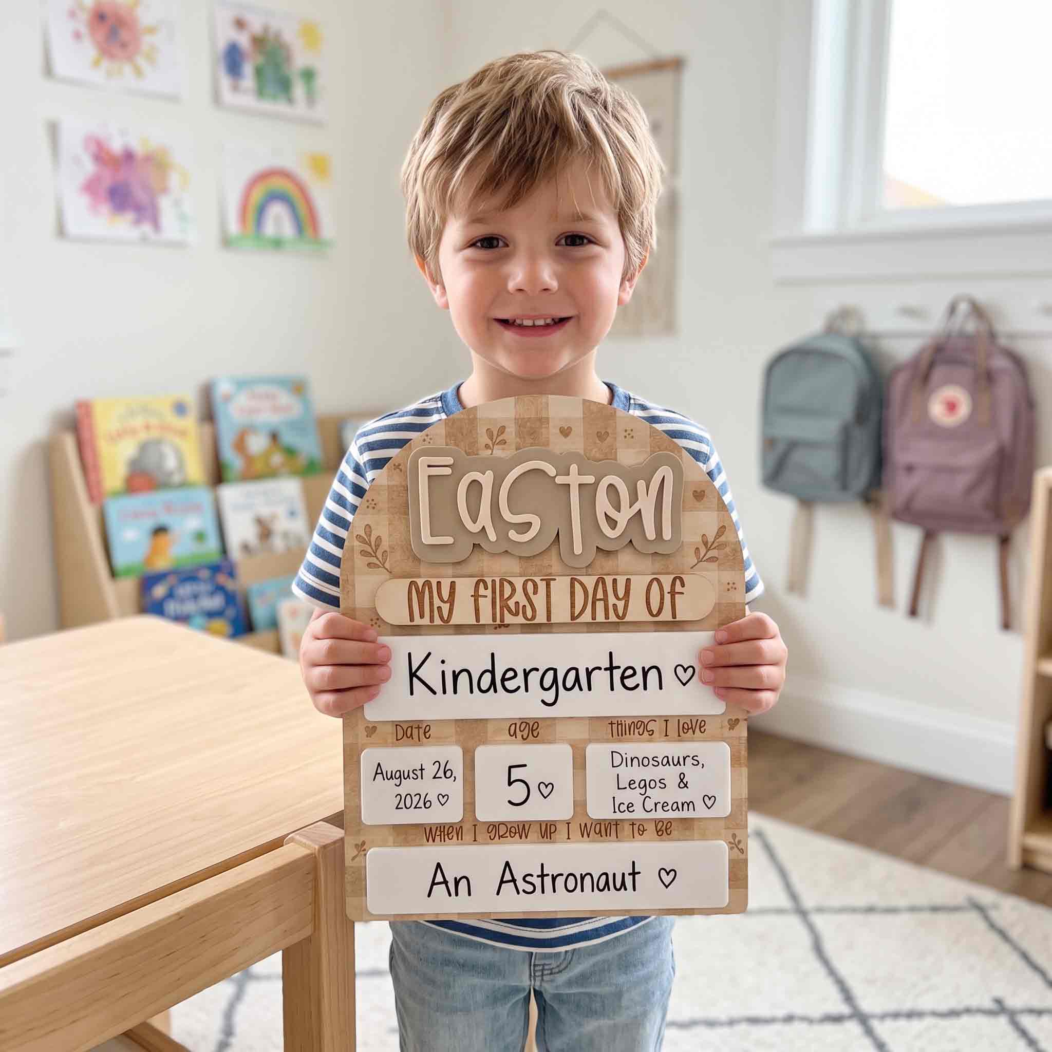 Personalized Beige Gingham First & Last Day School Sign, Reusable Dry Erase Board, Back to School Sign
