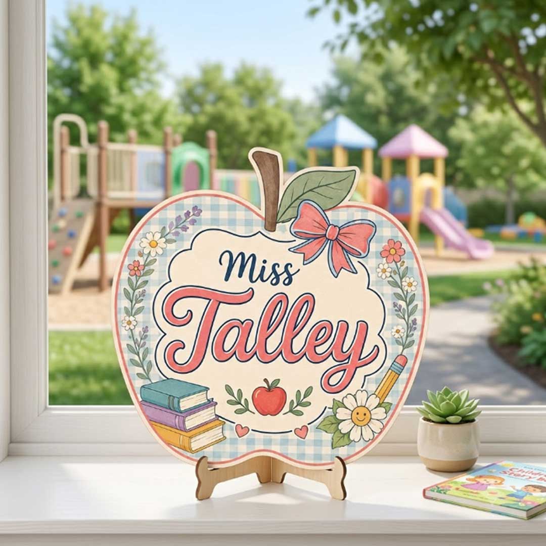 Personalized Teacher Name Wooden Sign Door Hanger Apple Style Classroom Sign Wooden Classroom Decor, Back to School Sign
