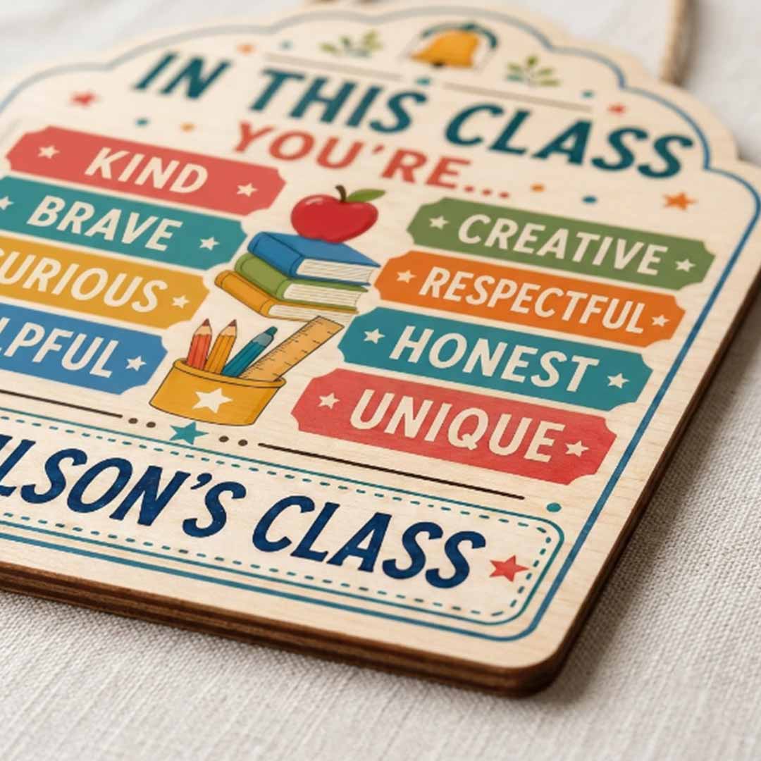 Personalized Teacher Name Wooden Sign Door Hanger Classroom Golden Rule Wooden Classroom Decor, Back to School Sign
