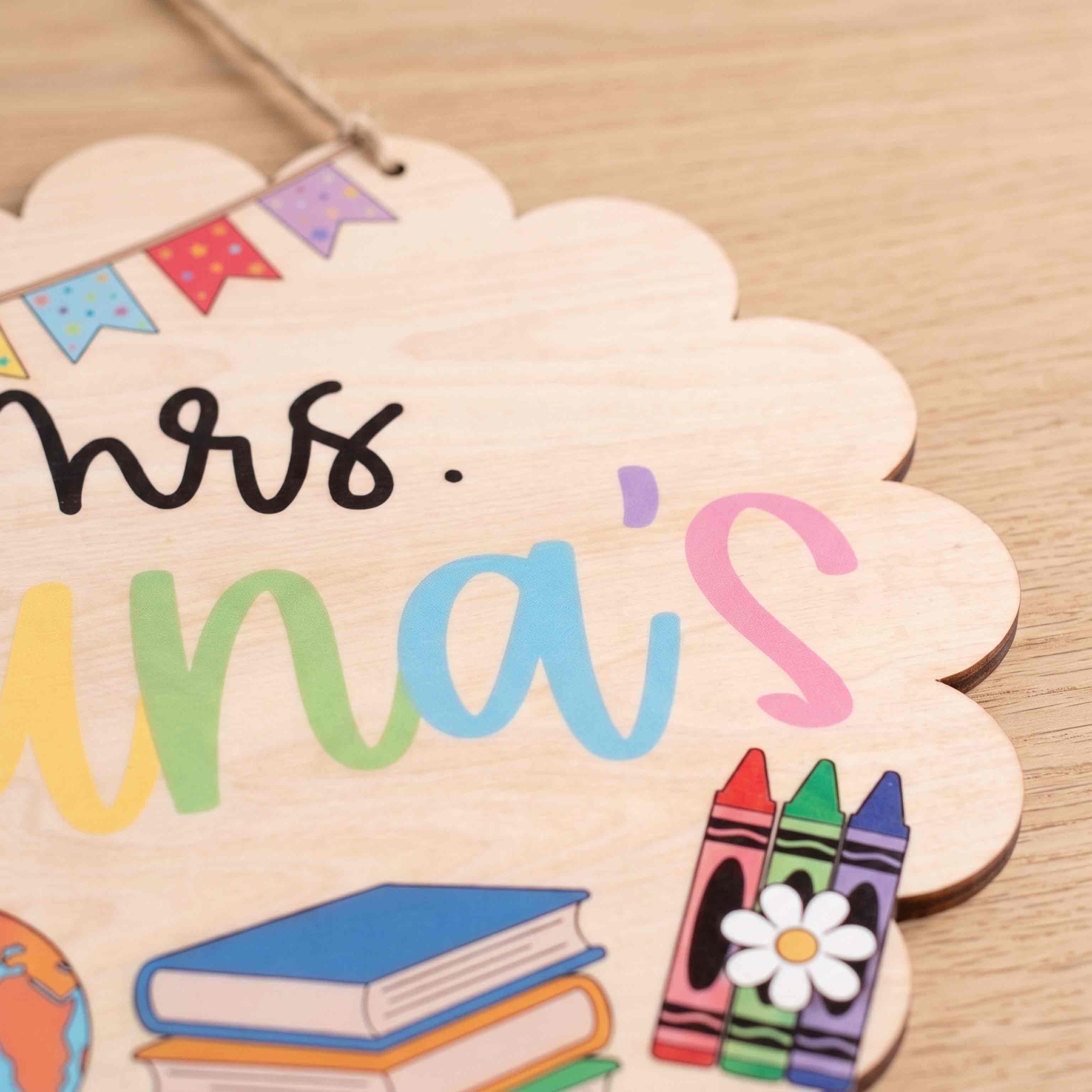 Personalized Elementary Teacher Classroom Wooden Sign, Custom Welcome Door Hanger with Books & Crayons, Back to School Decor