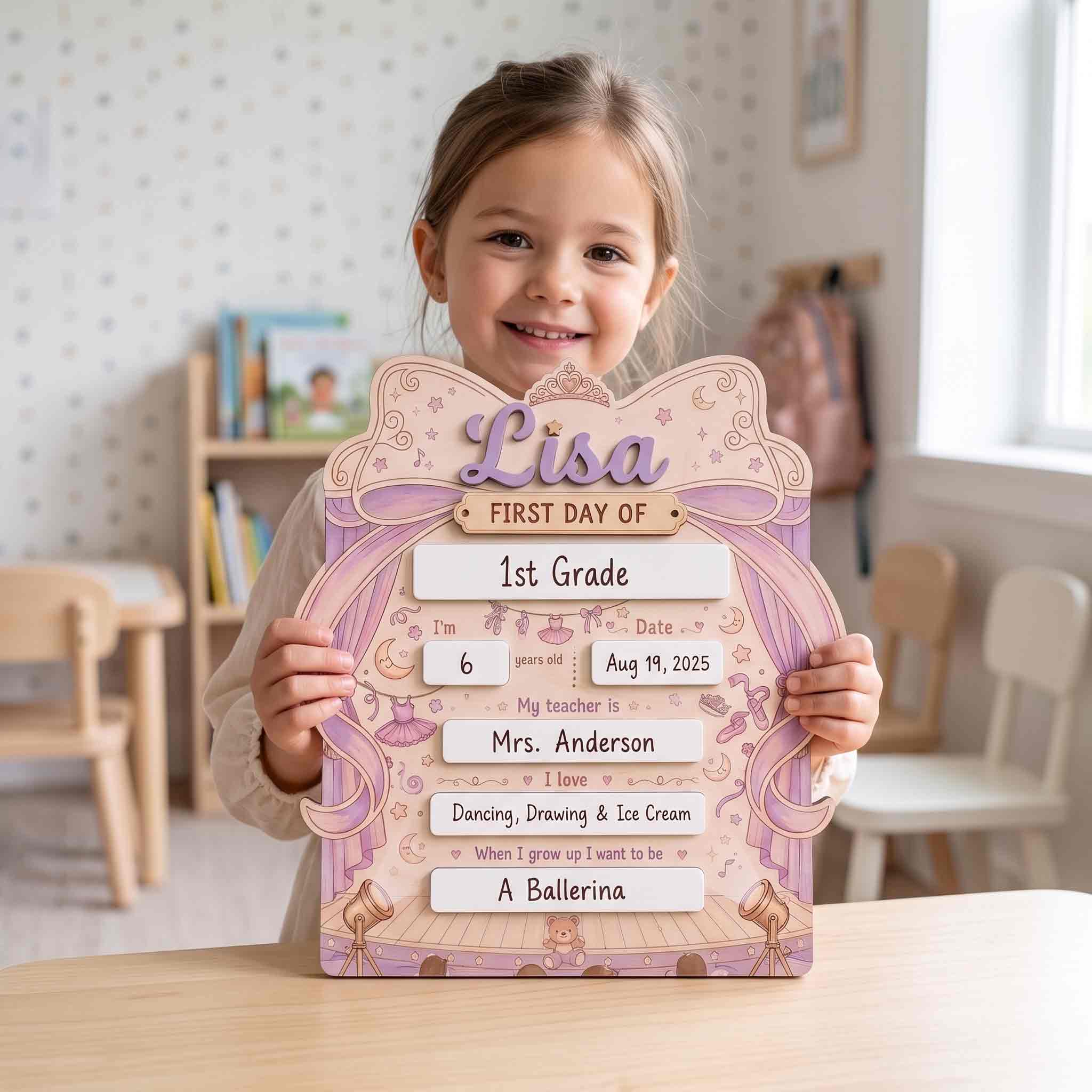 Personalized Princess Bow First Day School Board, Reusable Dry Erase Board, Back to School Sign