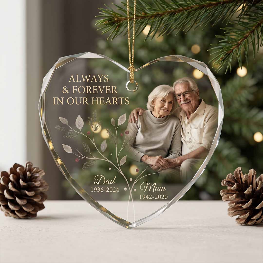 Always And Forever Mom And Dad Personalized Memorial Custom Name Date Photo Parents Sympathy Gift Heart Glass Christmas Ornament