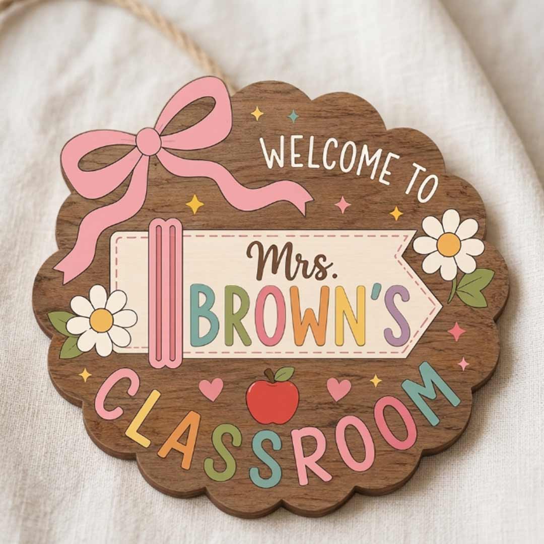 Personalized Teacher Name Wooden Sign Door Hanger Adorable Welcome Classroom Wooden Classroom Decor, Back to School Sign