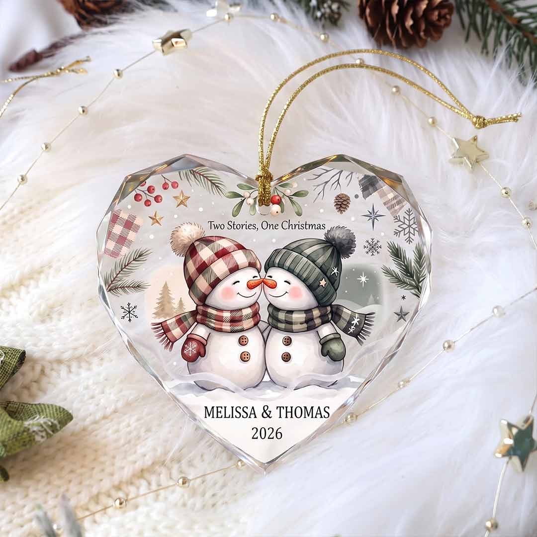 Two Stories One Christmas Snowman Couple Personalized Couple Custom Name Date Christmas Gift Heart Glass Christmas Ornament