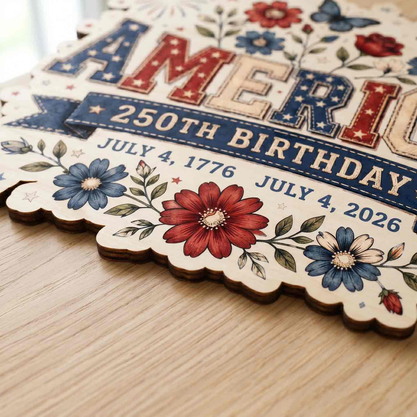 Patriotic Floral America 250th Birthday July 4 1776-2026 Wooden Sign