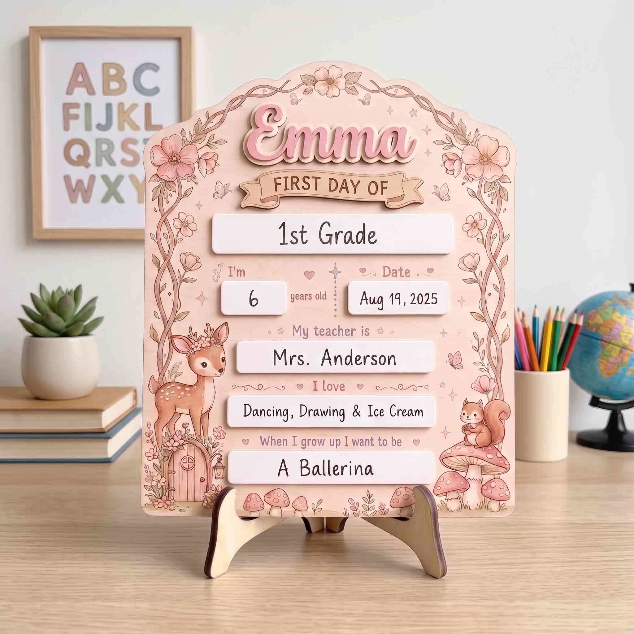Personalized Coquette Woodland First Day School Board, Reusable Dry Erase Board, Back to School Sign