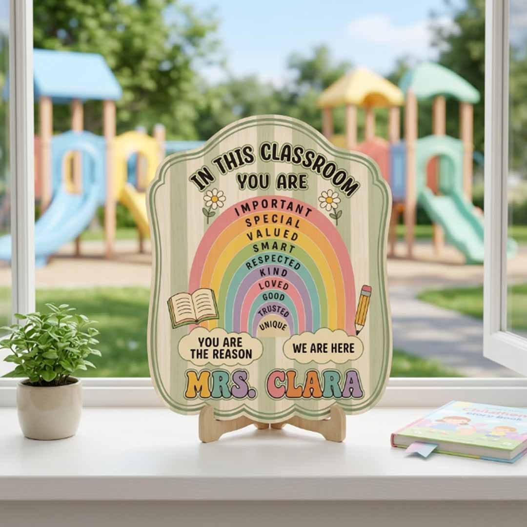 Personalized Teacher Name Wooden Sign Door Hanger Boho Rainbow Classroom Sign Wooden Classroom Decor, Back to School Sign