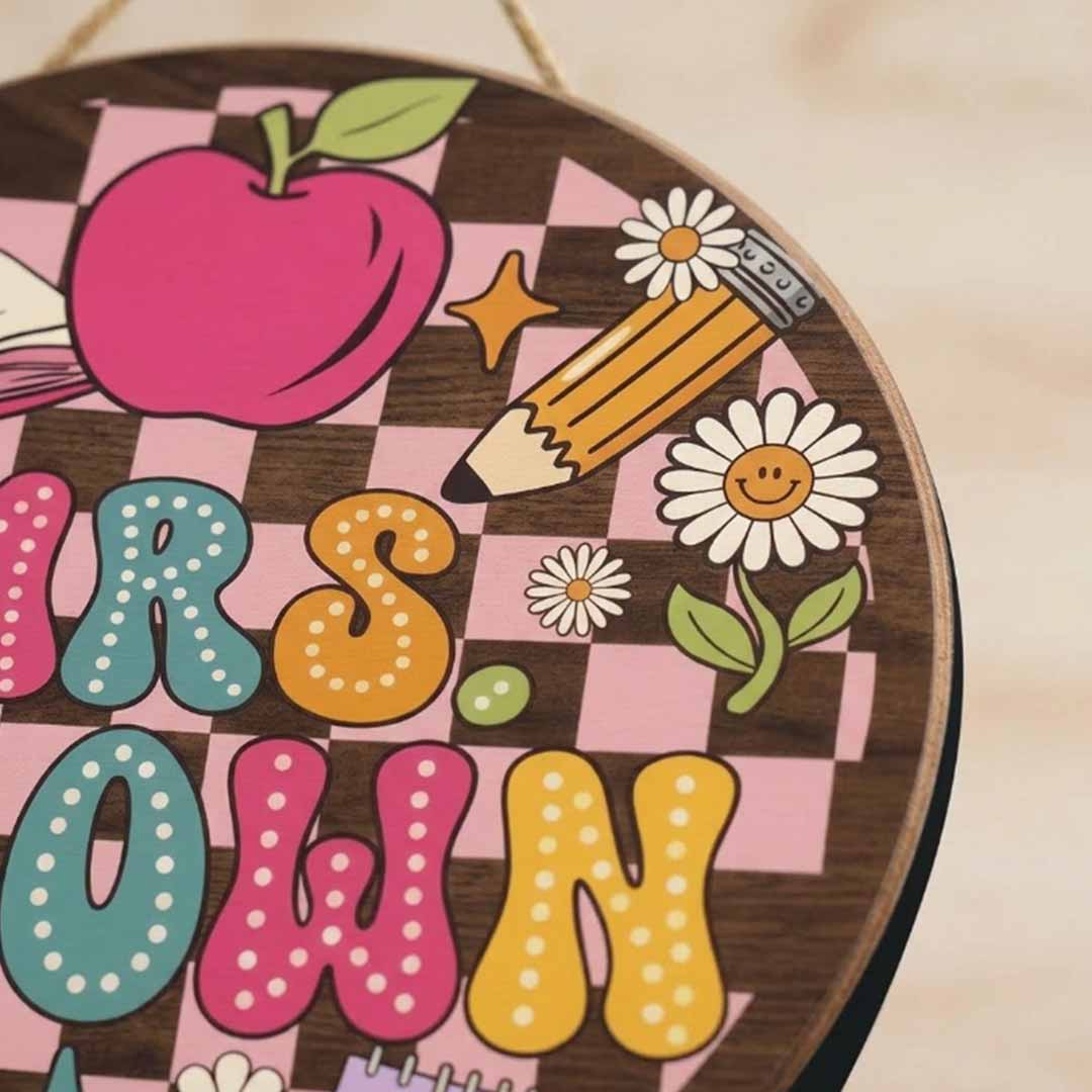 Personalized Teacher Name Wooden Sign Door Hanger Sunshine & Flowers Classroom Name Sign Wooden Classroom Decor, Back to School Sign