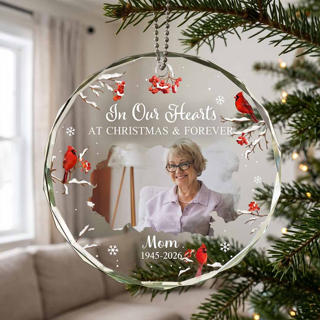 Memorial Mom In Loving Memory Keepsake Personalized Custom Name Date Photo Memorial Round Glass Christmas Ornament for Loss of Mom
