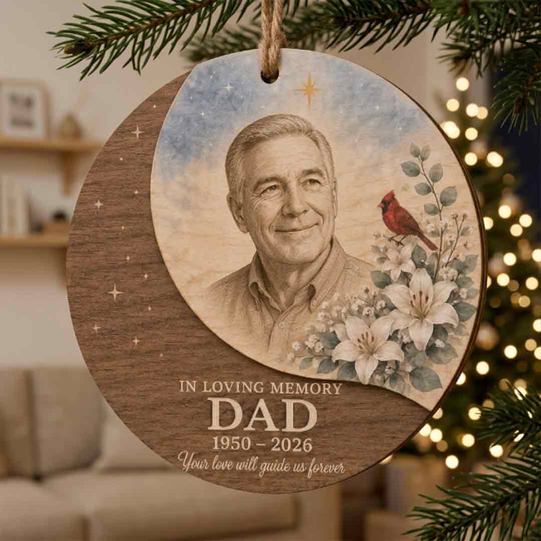 In Loving Memory Dad Beach Sunset Personalized Custom Name Date Memorial 2-Layer Wooden Christmas Ornament Memorial Keepsake for Loss of Dad
