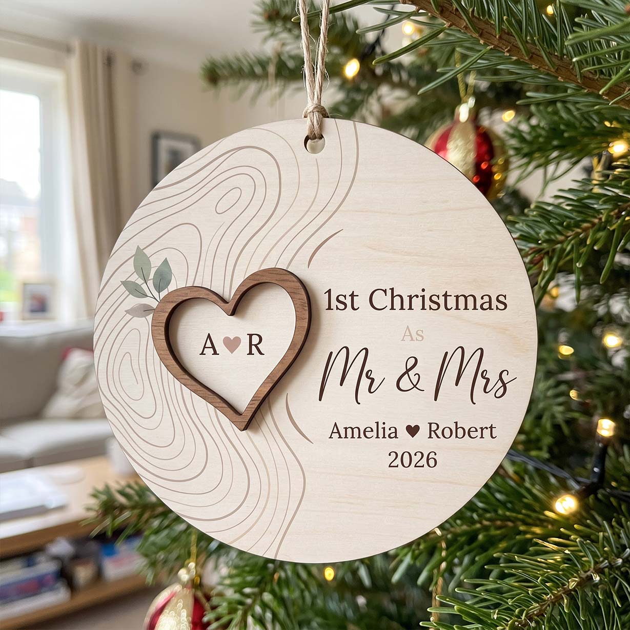 First Christmas Mr and Mrs Heart Custom Names Date First Married Christmas Wooden Ornament
