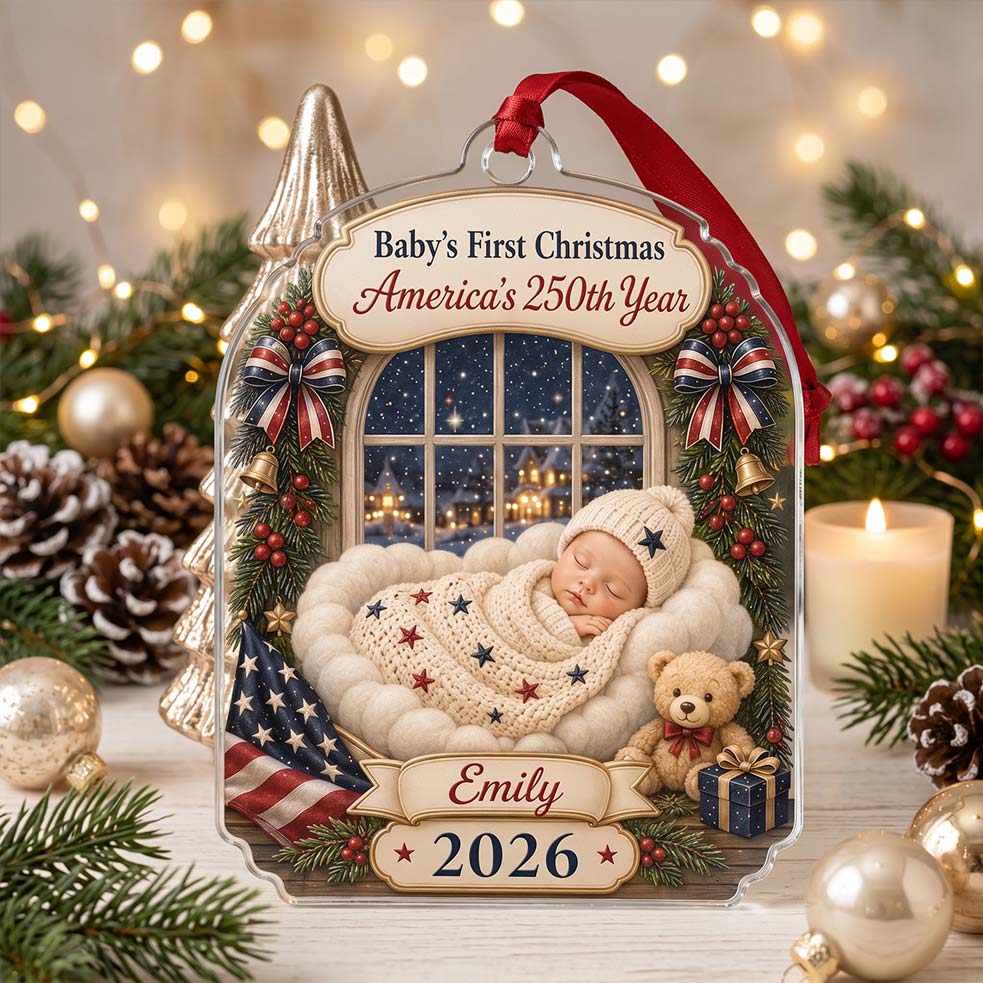 Winter Window Sleeping Baby America's 250th Year Custom Name Baby's First Christmas Acrylic Christmas Ornament Baby Christmas Keepsake Gift