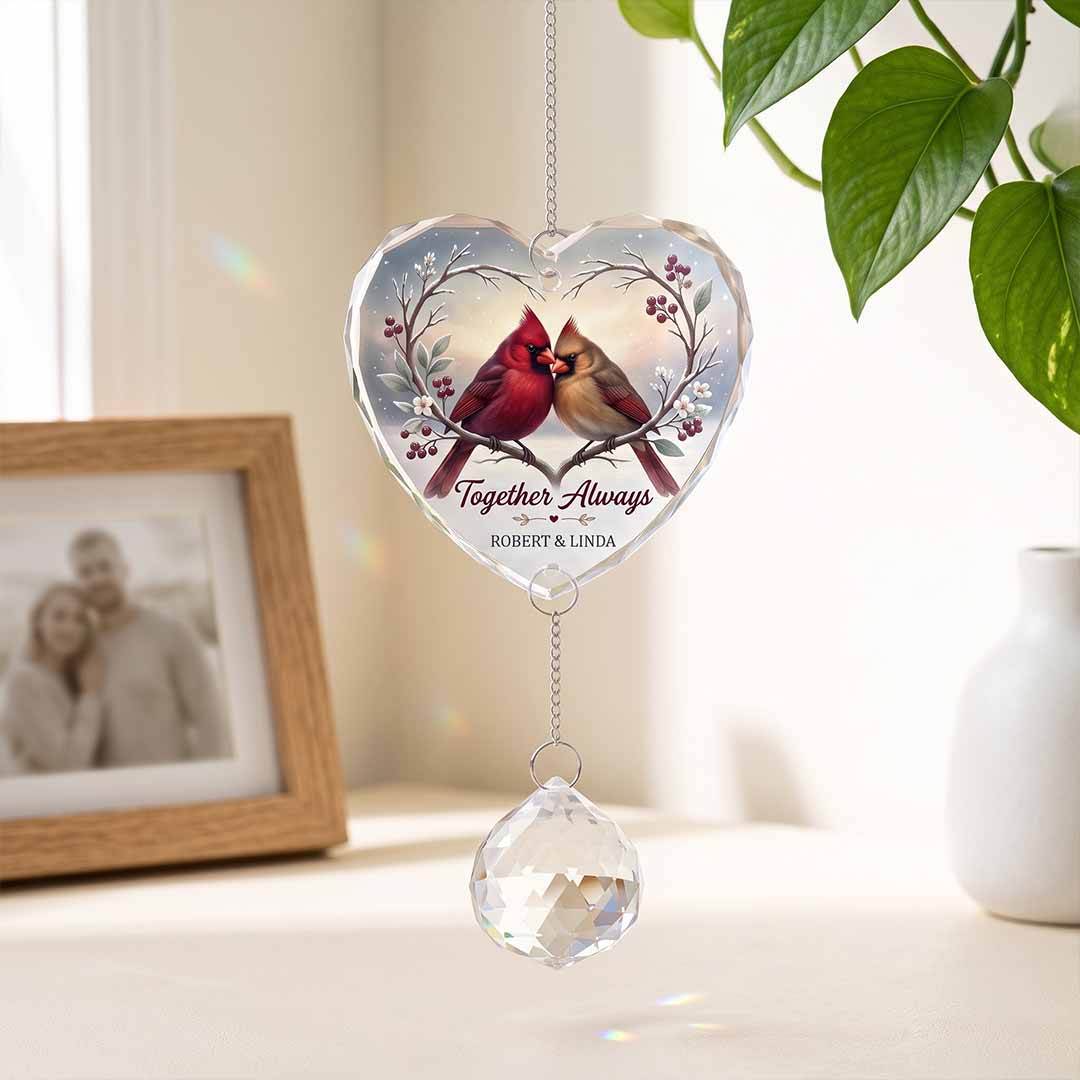 Together Always Cardinal Personalized Couple Custom Name Keepsake Heart Glass Christmas Ornament With Crystal Charm