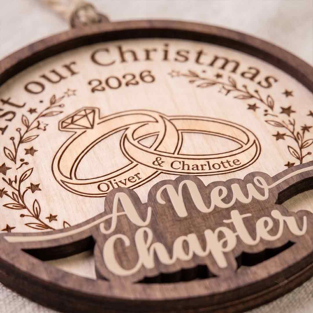 Our New Chapter Wedding Rings Personalized Custom Name Date First Wedding 2-Layer Wooden Christmas Ornament for Newlyweds Wedding Gift