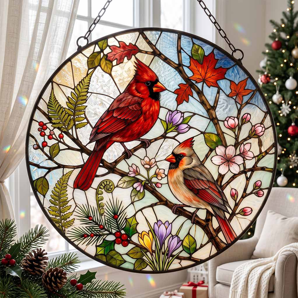 Cardinal Couple Four Seasons Floral Bird Lover Gift Nature Window Decor Couple Stained Glass Suncatcher Christmas Ornament