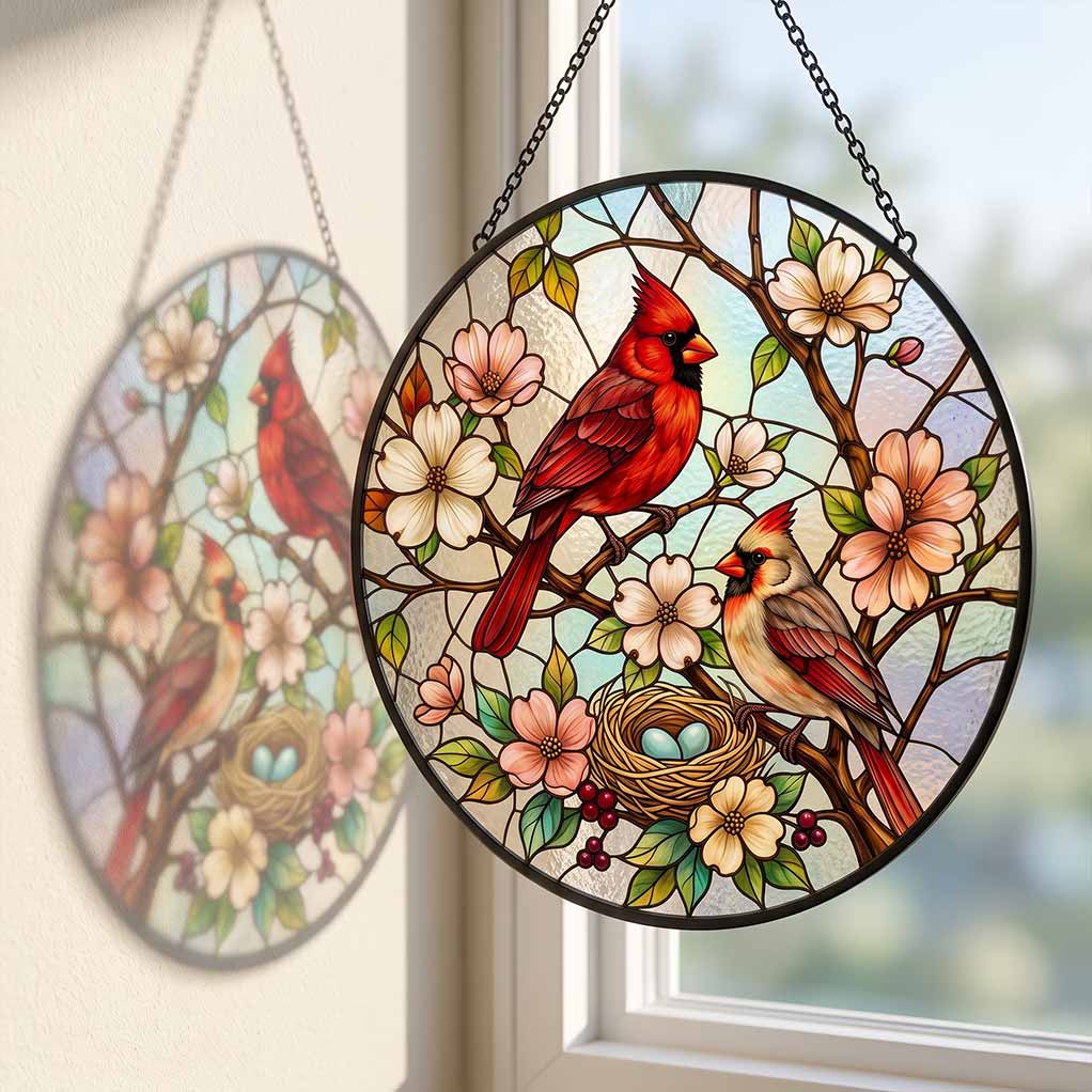 Cardinal Couple Nest Floral Bird Lover Gift Nature Window Decor Couple Stained Glass Suncatcher Christmas Ornament