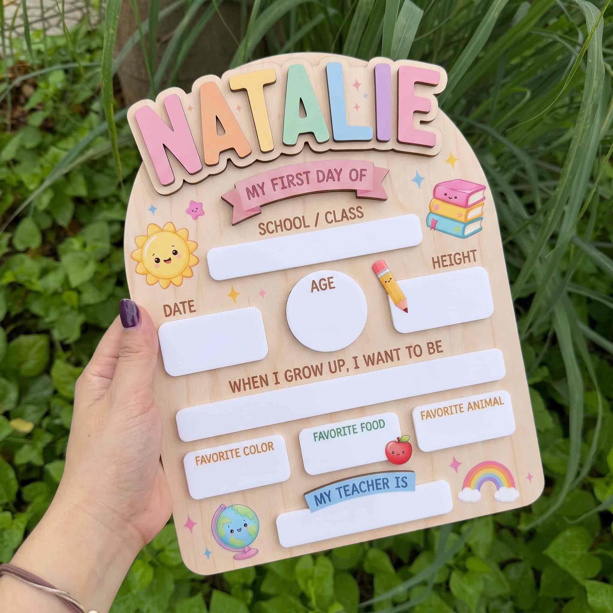 Personalized Rainbow School Supplies First & Last Day School Sign, Reusable Dry Erase Board, Back to School Sign