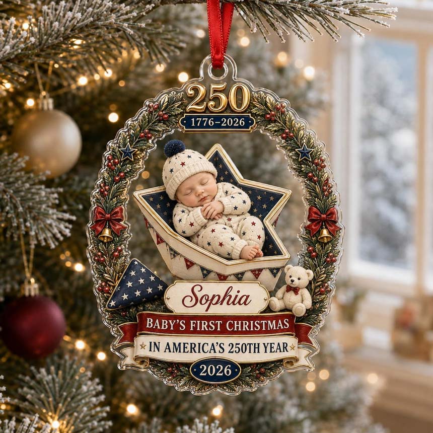 Star Cradle Baby America's 250th Year Custom Name Baby's First Christmas Acrylic Christmas Ornament Patriotic