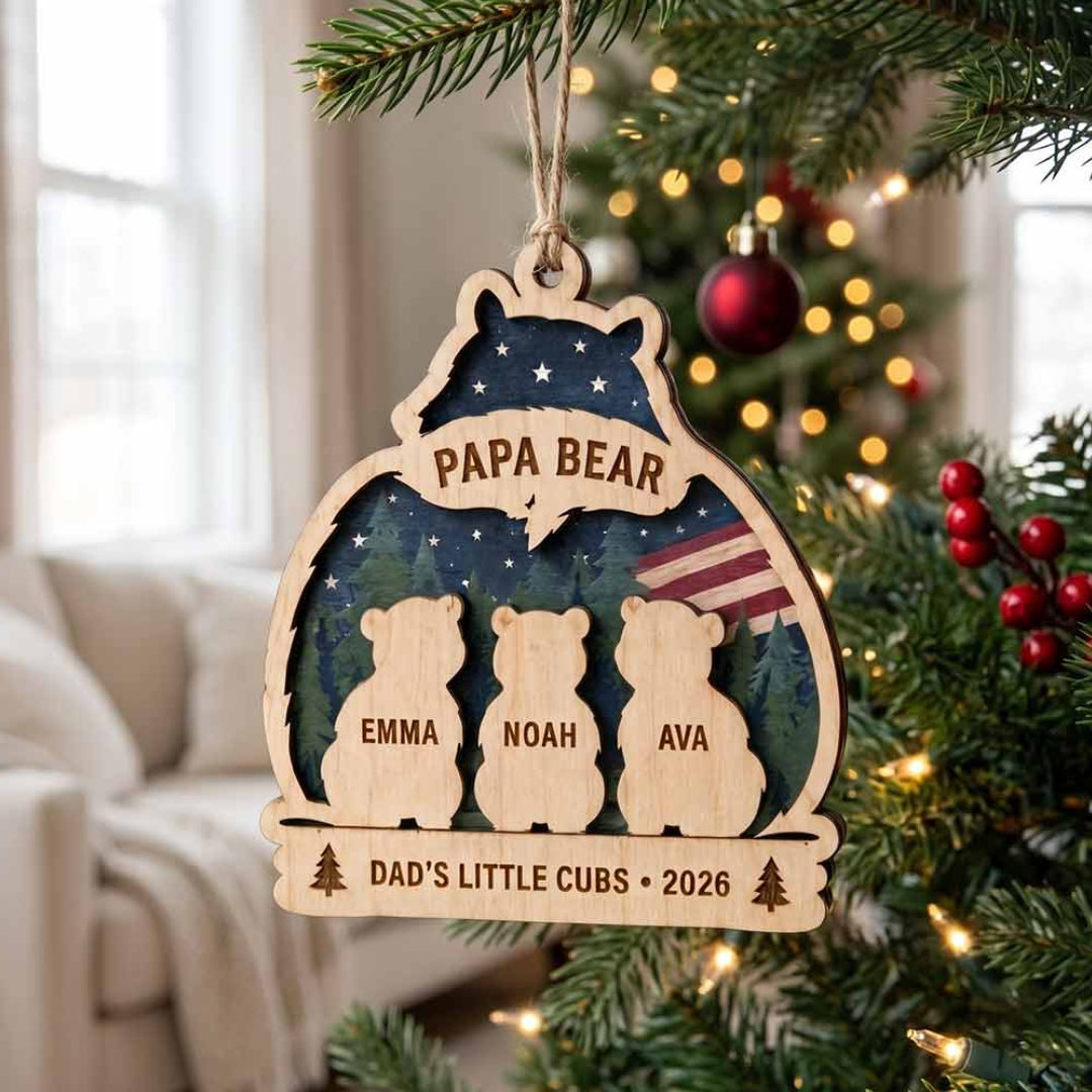 Papa Bear Little Cubs Personalized Custom Name Family 2-Layer Wooden Christmas Ornament Father and Kids Christmas Gift