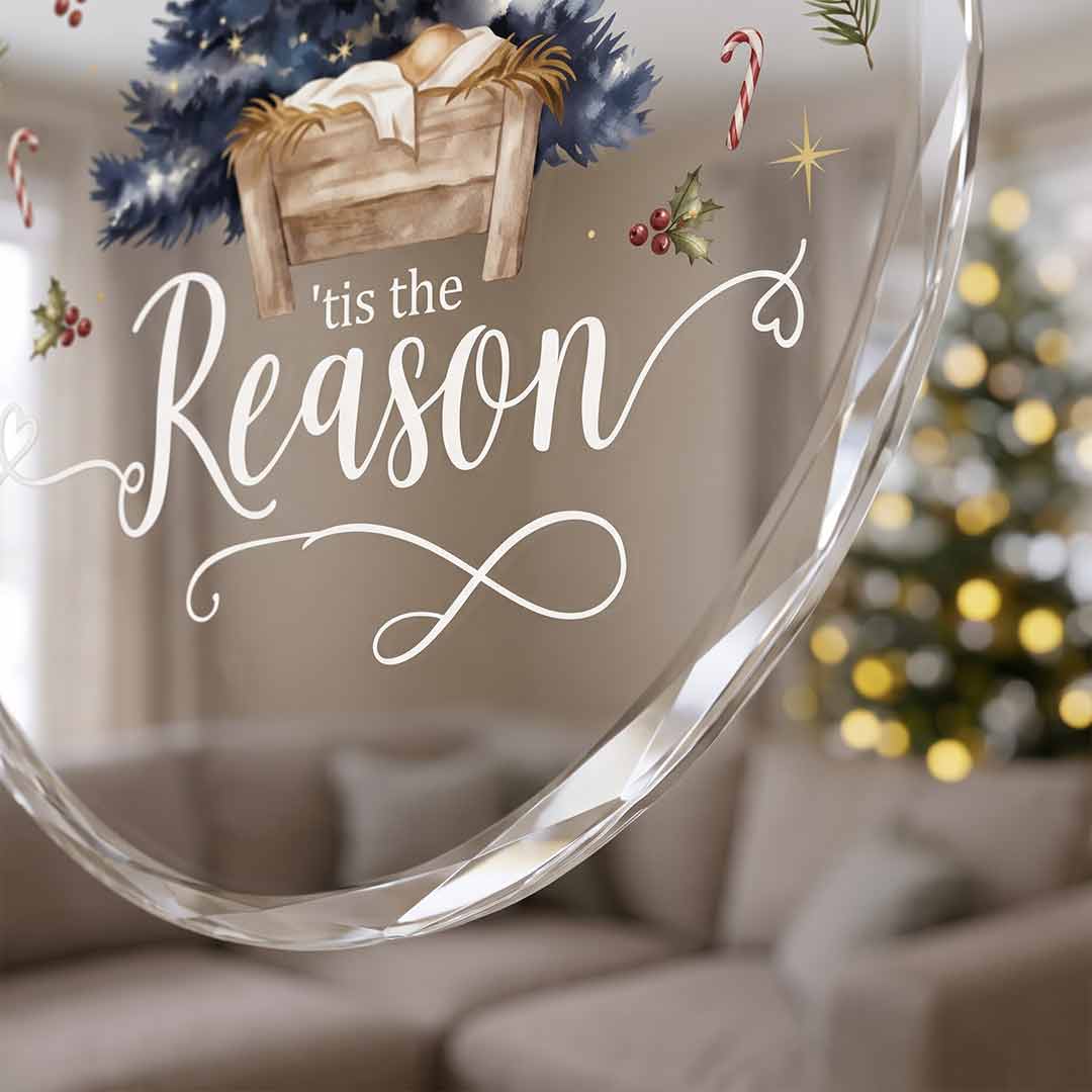 Tis The Reason Nativity Baby Manger Blue Christmas Tree Nativity Round Glass Christmas Ornament
