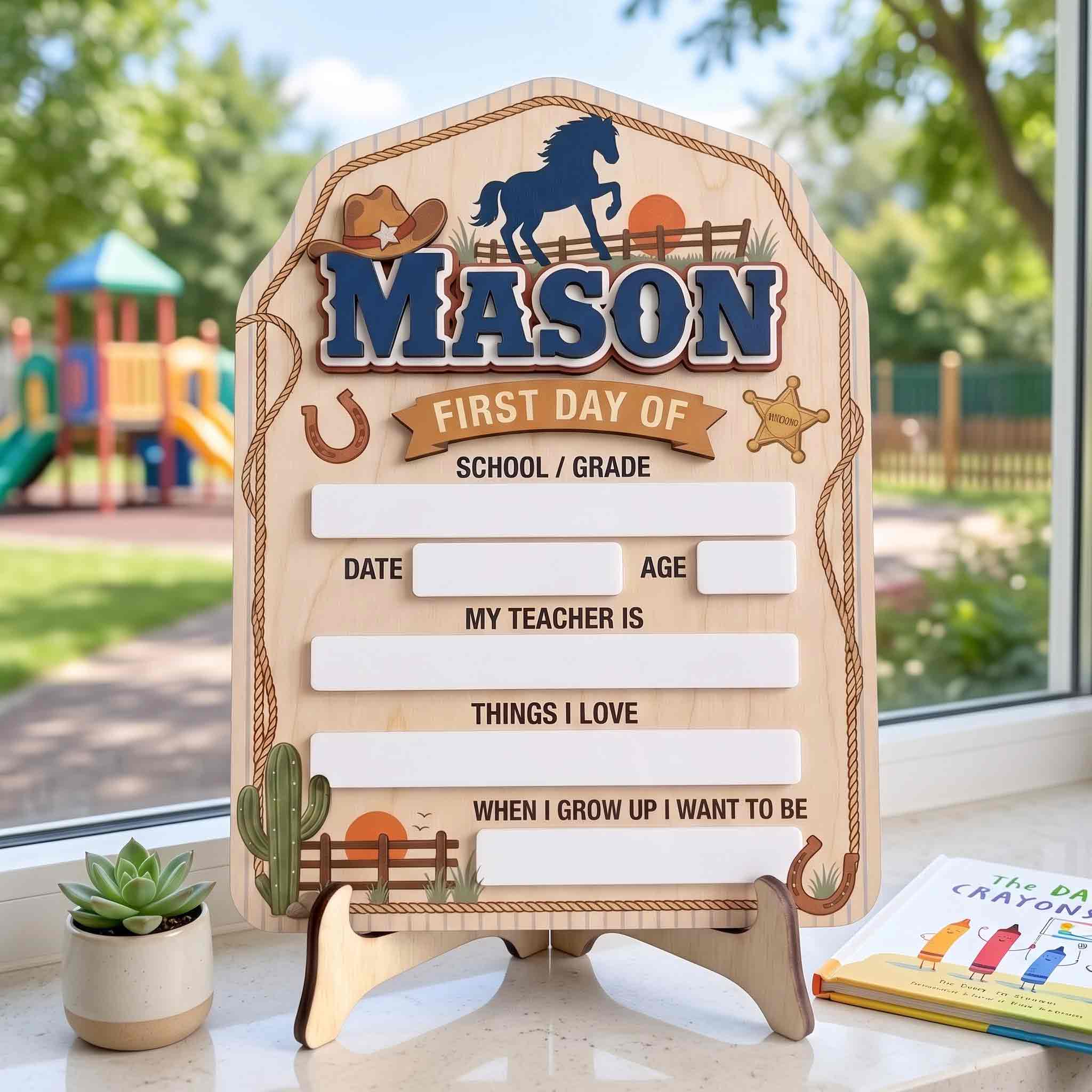 Personalized Western Cowboy Theme First & Last Day School Sign, Reusable Dry Erase Board, Back to School Sign