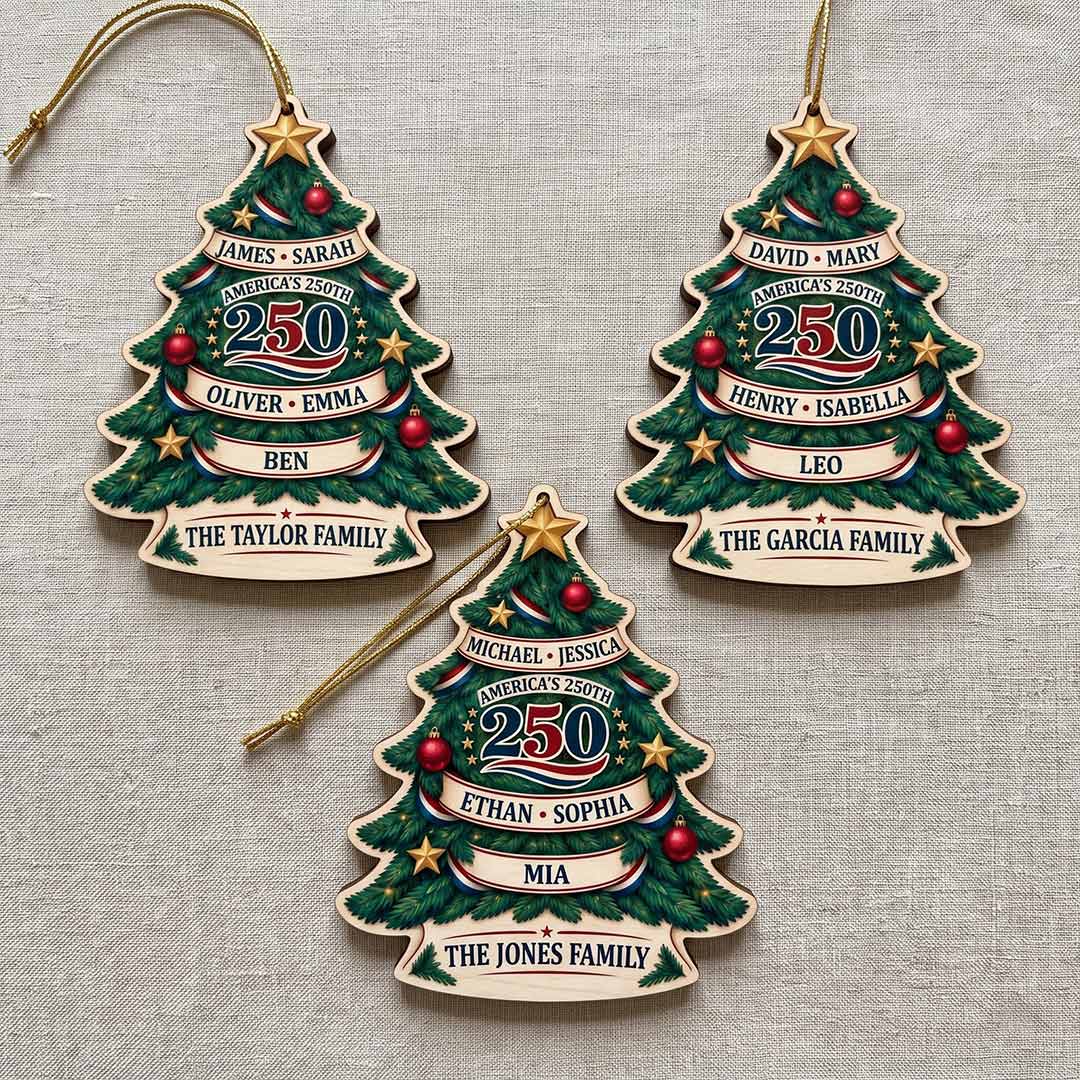 America's 250th Family Christmas Tree Holiday Gift Personalized Custom Name Family 1-Layer Wooden Christmas Ornament for Loved Ones