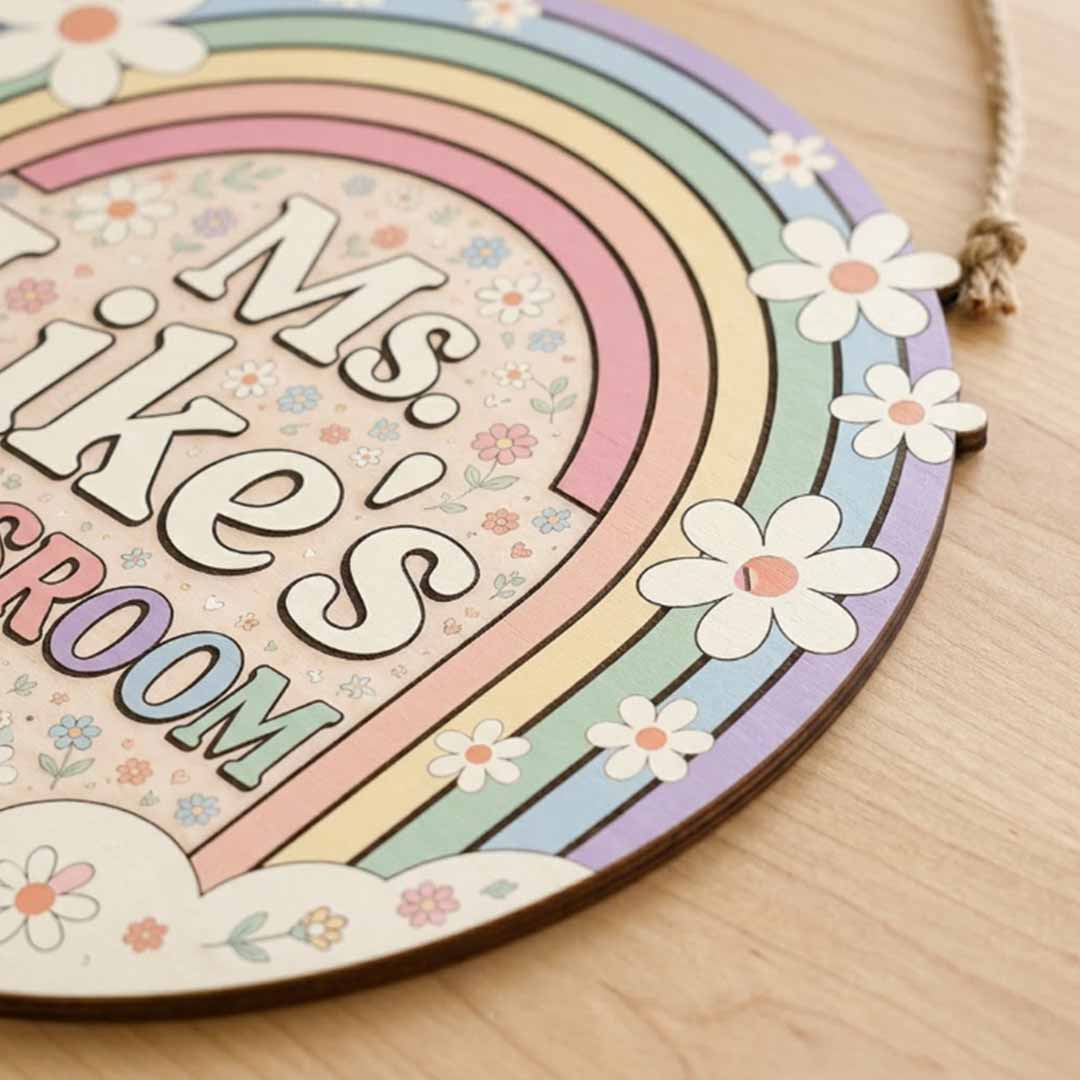 Personalized Teacher Name Wooden Sign Door Hanger Pastel Rainbow Classroom Sign  Wooden Classroom Decor, Back to School Sign