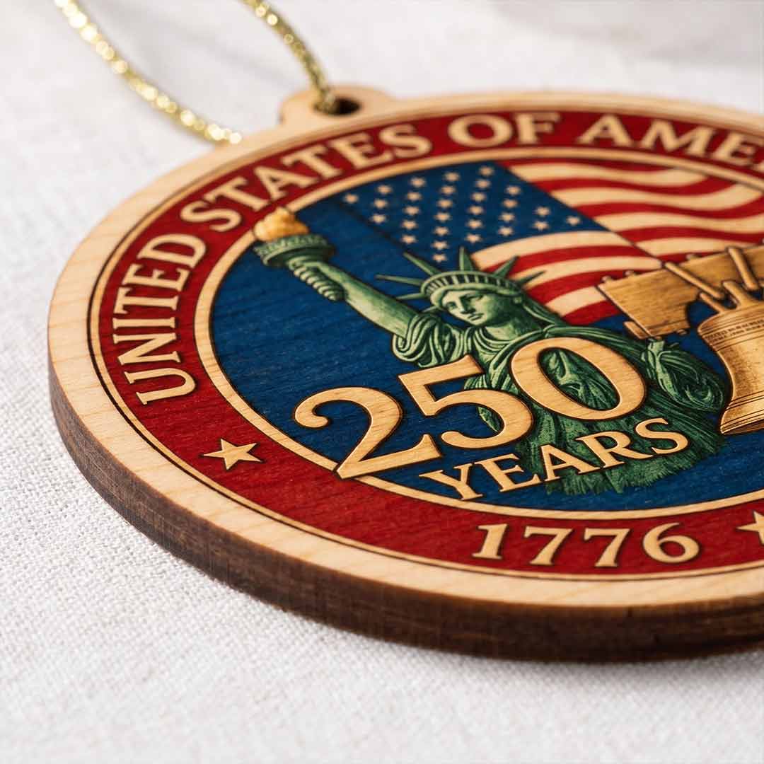 United States 250 Years Statue of Liberty and Liberty Bell 1776-2026 Patriotic Gift 1-Layer Wooden Christmas Ornament