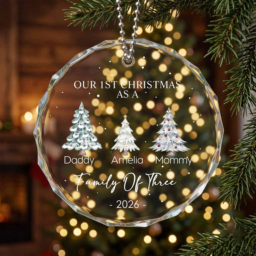 Our First Christmas as a Family of Two, Three, Four Holiday Keepsake Personalized Custom Name Date Newborn Round Glass Christmas Ornament