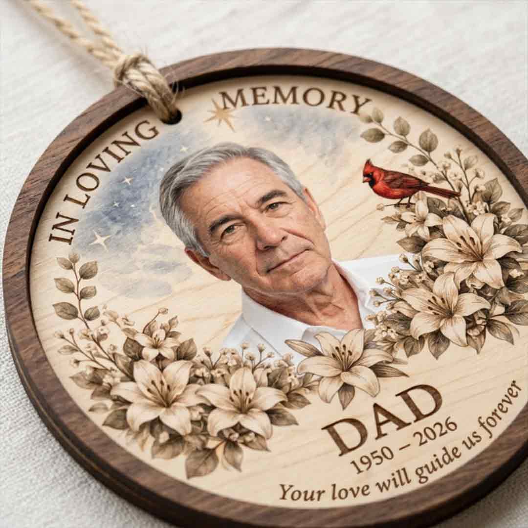 In Loving Memory Dad Floral Portrait Personalized Custom Name Date Photo Memorial 2-Layer Wooden Christmas Ornament Memorial Gift for Loss of Dad