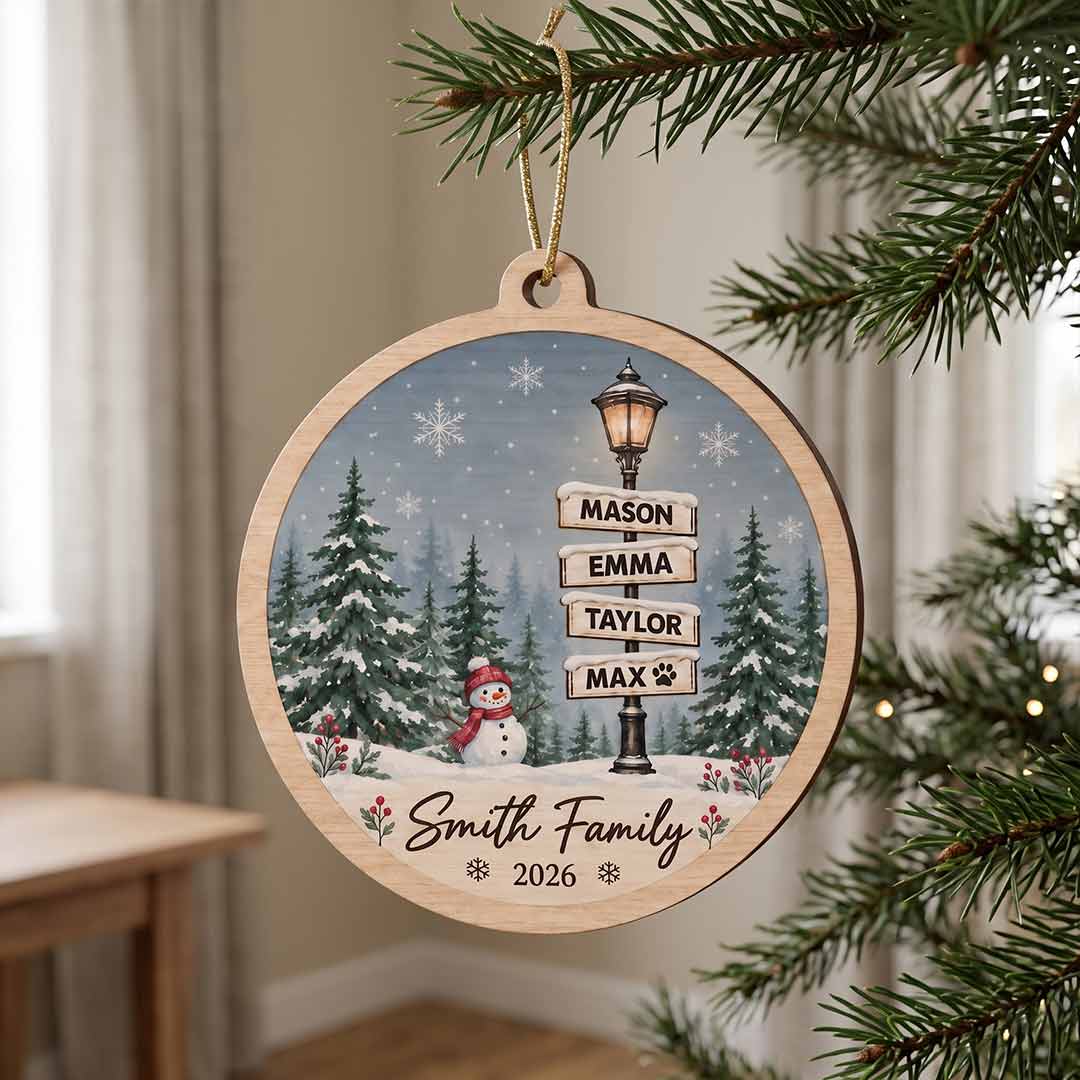 Winter Street Sign 2026 Xmas Holiday Keepsake Personalized Custom Name Date Family 1-Layer Wooden Christmas Ornament for Christmas Gift