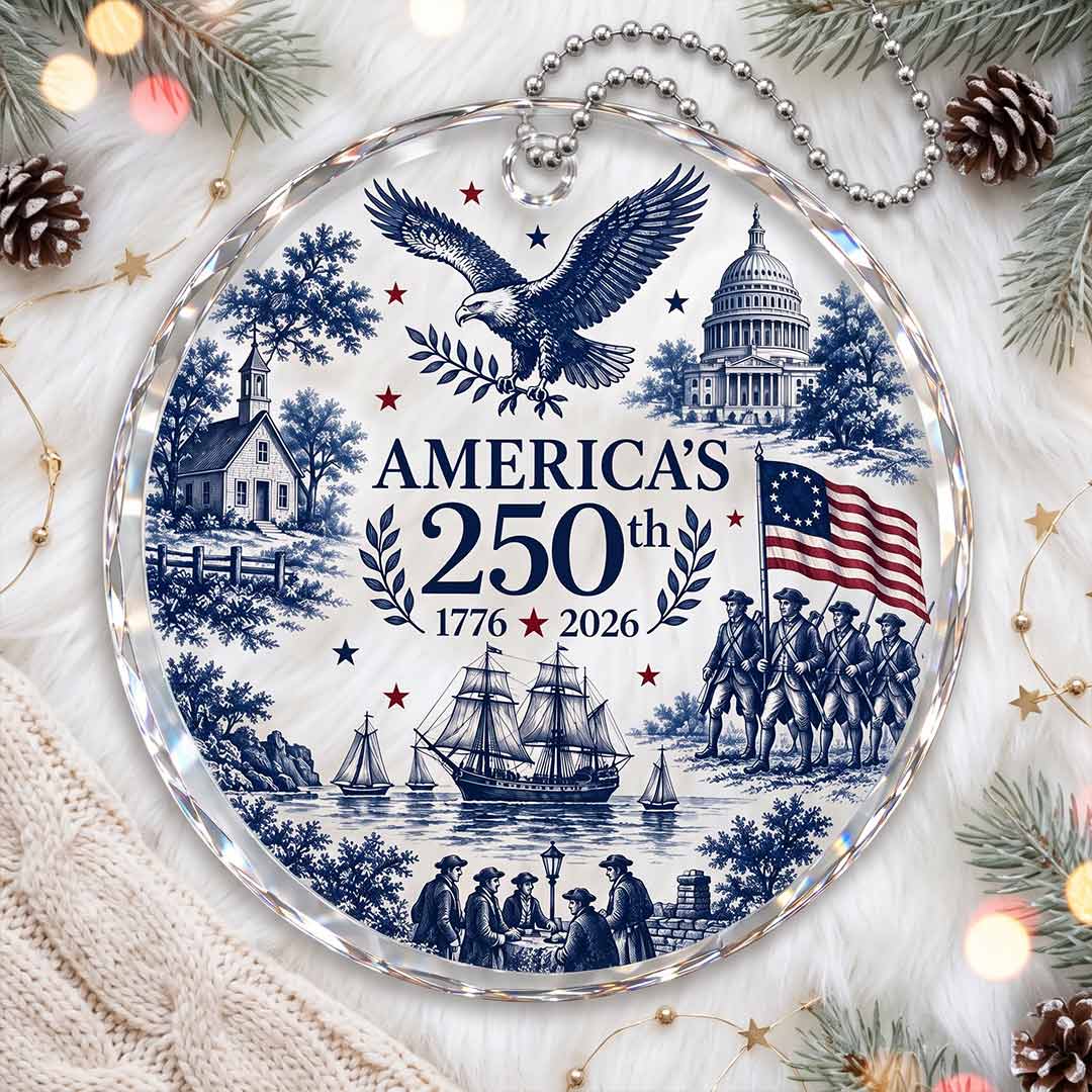 America's 250th Eagle Capitol Colonial Voyage Patriotic Keepsake Round Glass Christmas Ornament for American Families