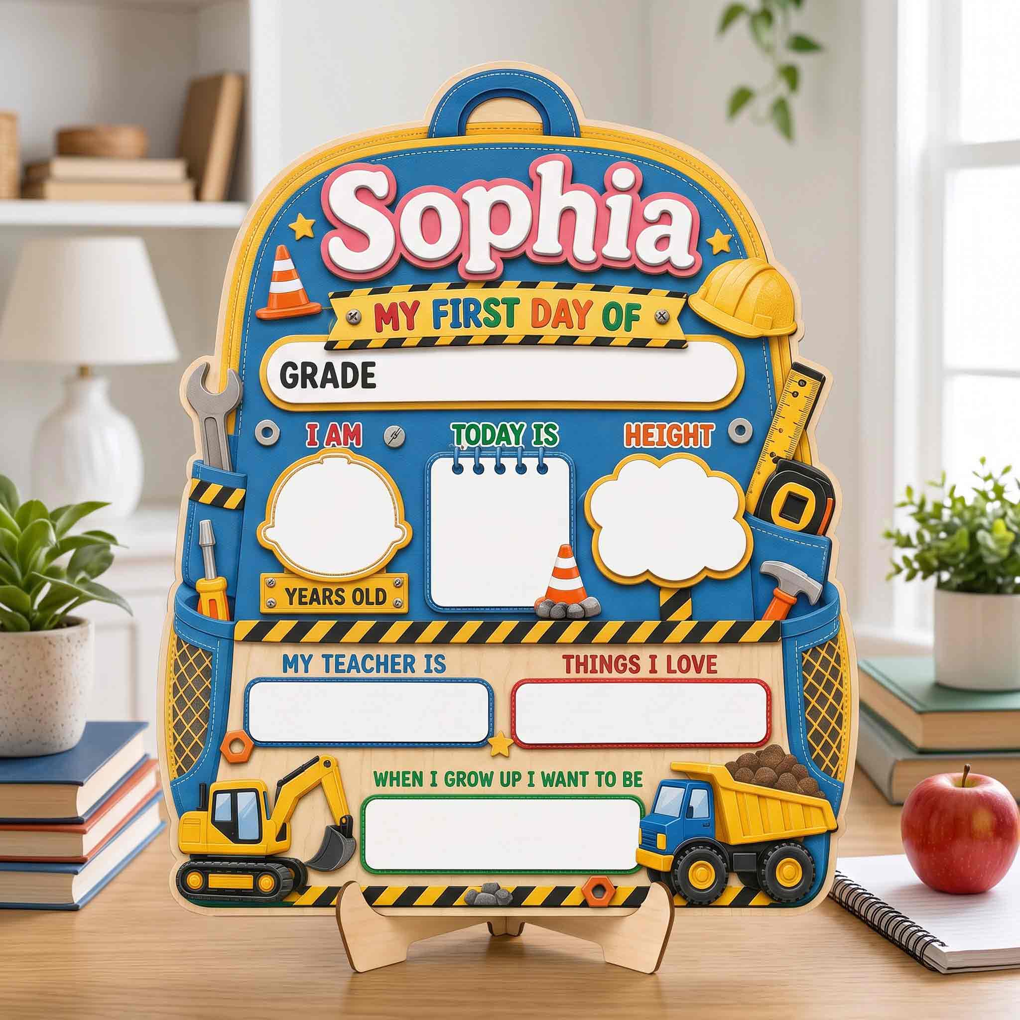 Personalized Little Builder Adventure First & Last Day School Sign, Reusable Dry Erase Board, Back to School Sign