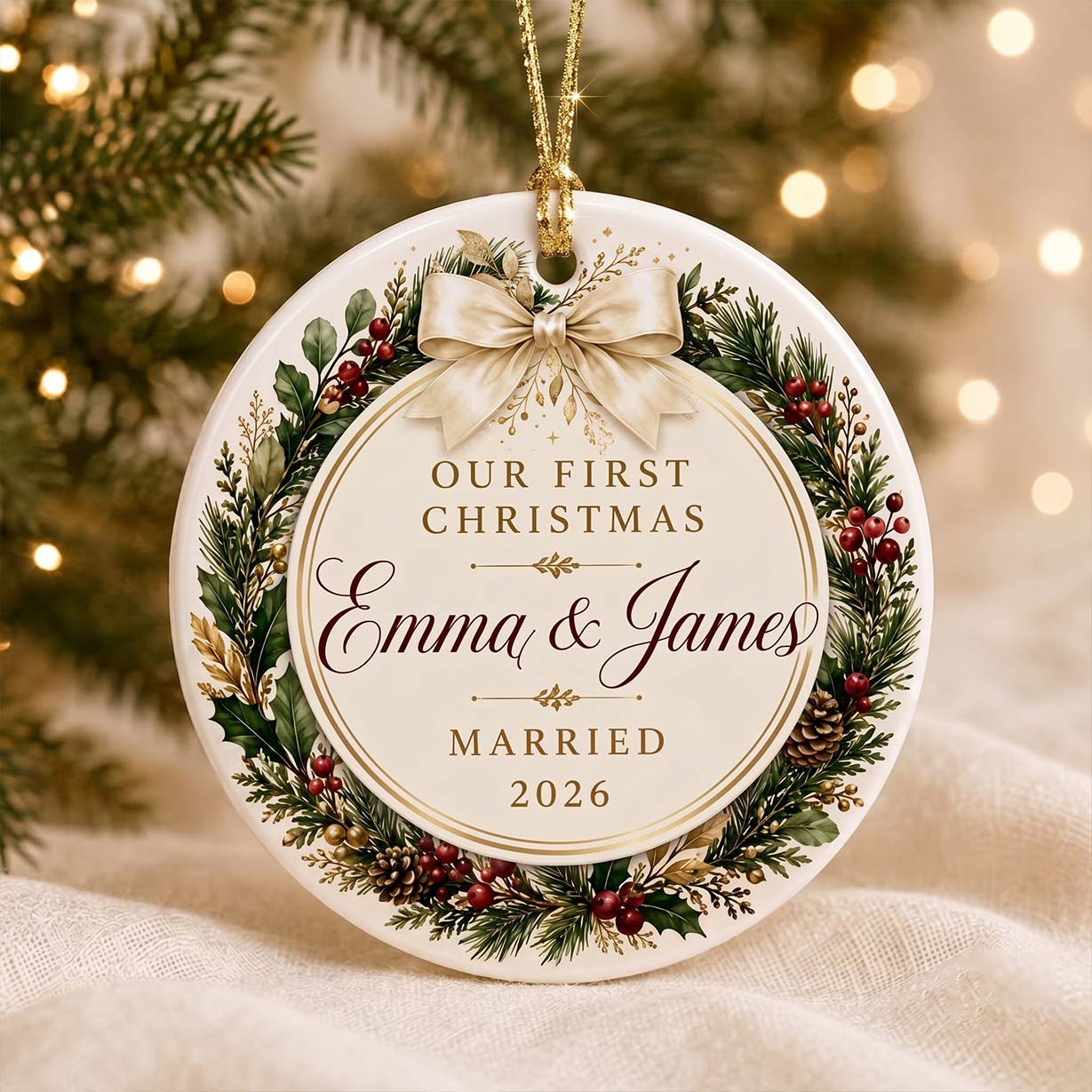 Our First Christmas Bow Wreath Custom Names Date First Married Christmas Round Ceramic Christmas Ornament