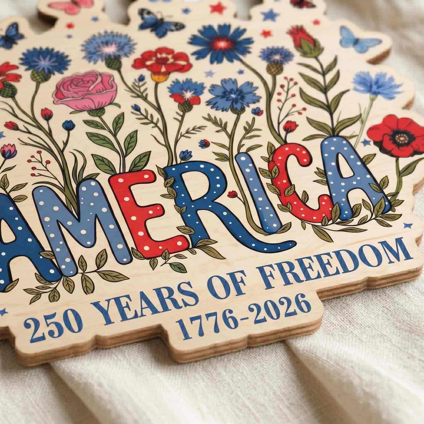 America 250 Years of Freedom Wooden Sign Patriotic Floral Decor