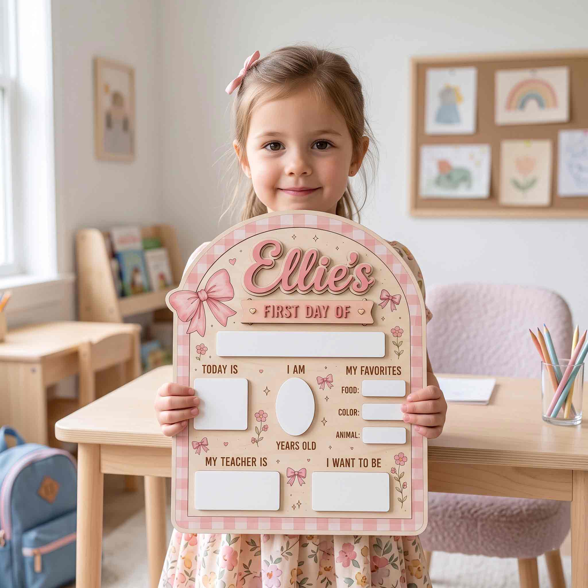 Personalized Pink Gingham Style First & Last Day School Sign, Reusable Dry Erase Board, Back to School Sign