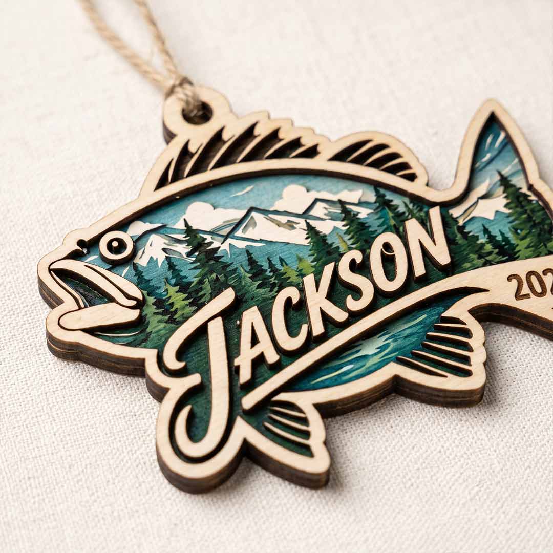 Mountain Bass Fishing Personalized Custom Name Date Fishing 2-Layer Wooden Christmas Ornament Christmas Gift for Anglers