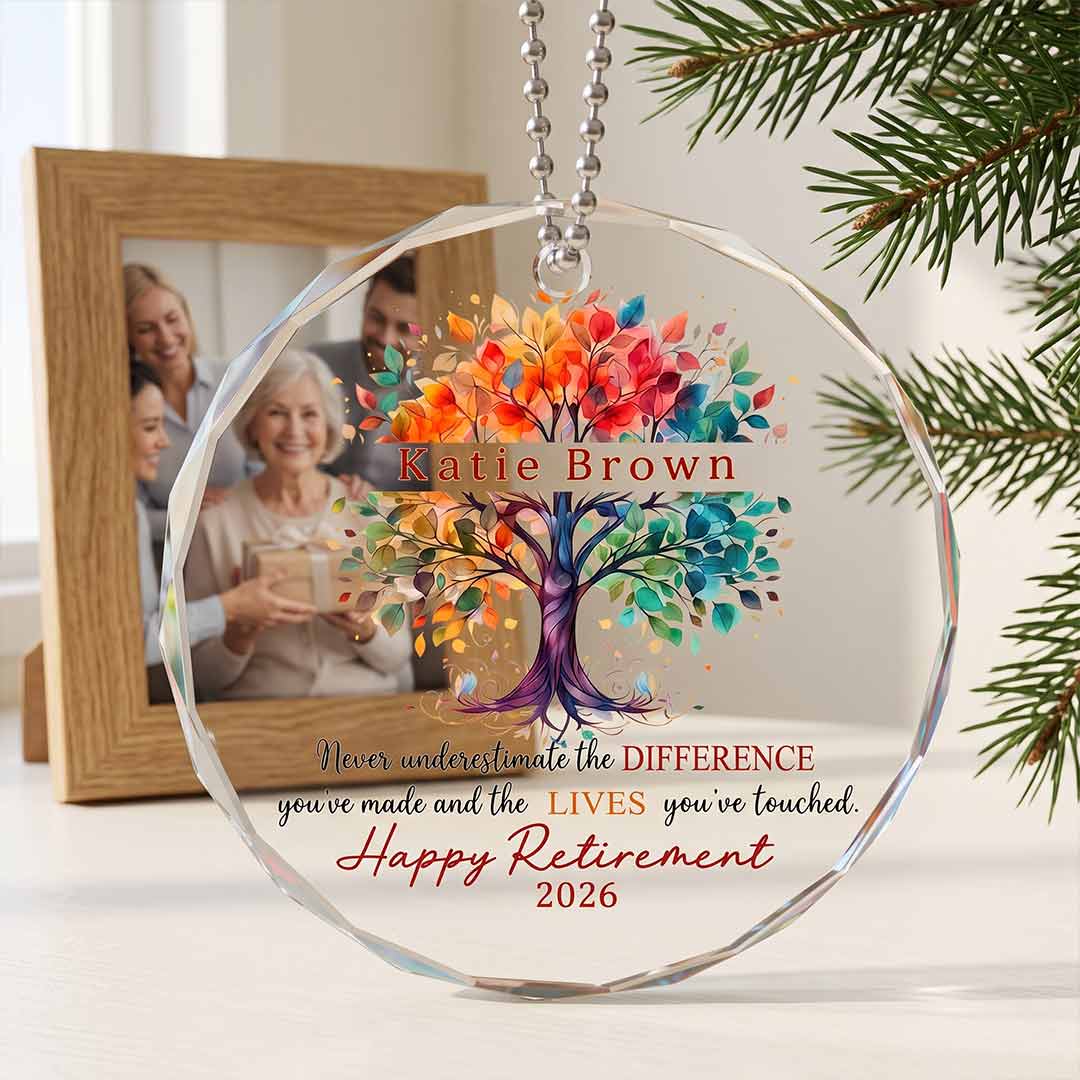 Tree of Life Happy Retirement Personalized Custom Name Date Retirement Round Glass Christmas Ornament for Retirement Gift