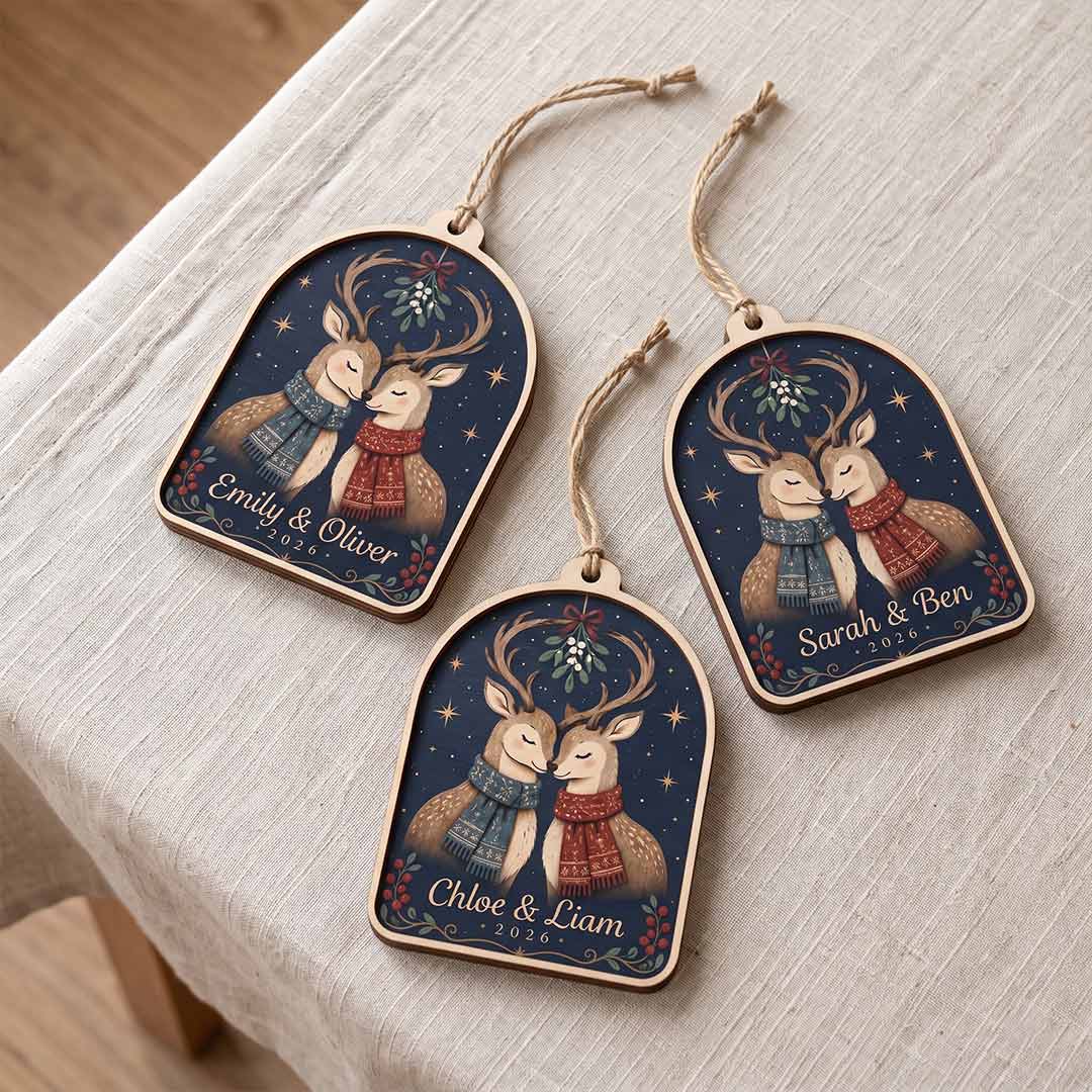 Mistletoe Reindeer Couple Christmas Personalized Custom Name Date Couple 2-Layer Wooden Christmas Ornament Romantic Christmas Gift for Couples