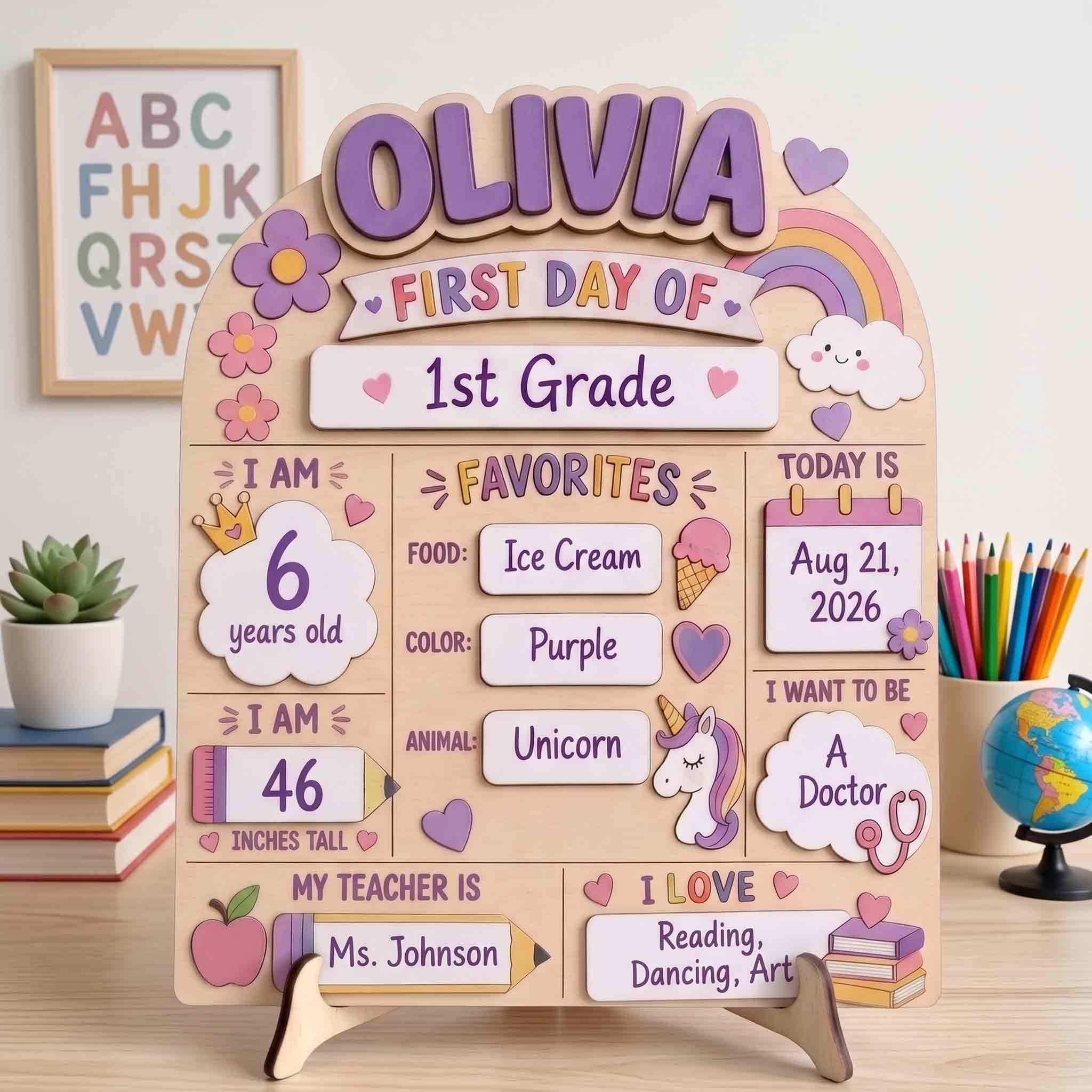 ersonalized Unicorn First Day School Board, Reusable Dry Erase Board, Back to School Sign