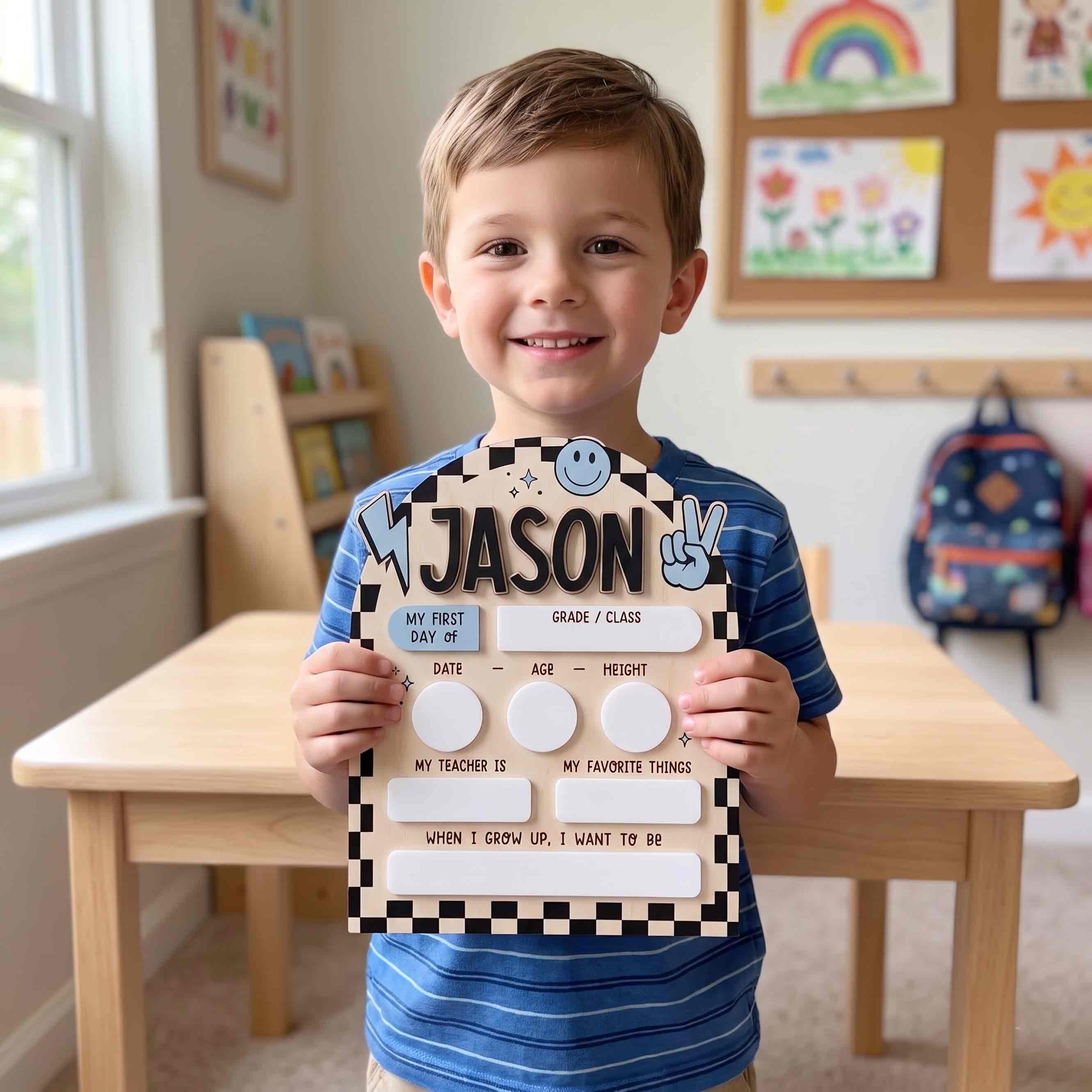Personalized Blue Black Checkerboard First & Last Day School Sign, Reusable Dry Erase Board, Back to School Sign