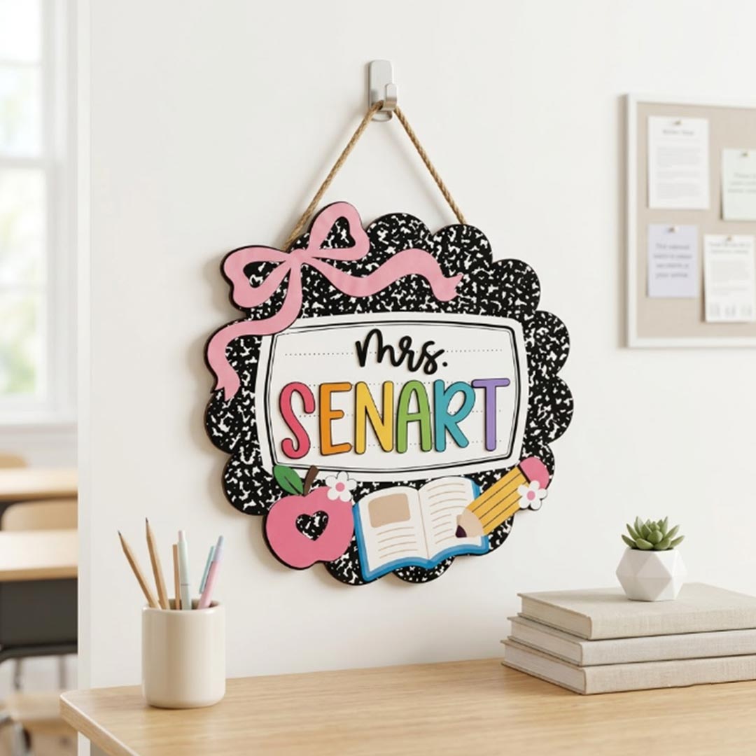 Personalized Teacher Name Wooden Sign Door Hanger Adorable Welcome Back Class With Bow Wooden Classroom Decor, Back to School Sign