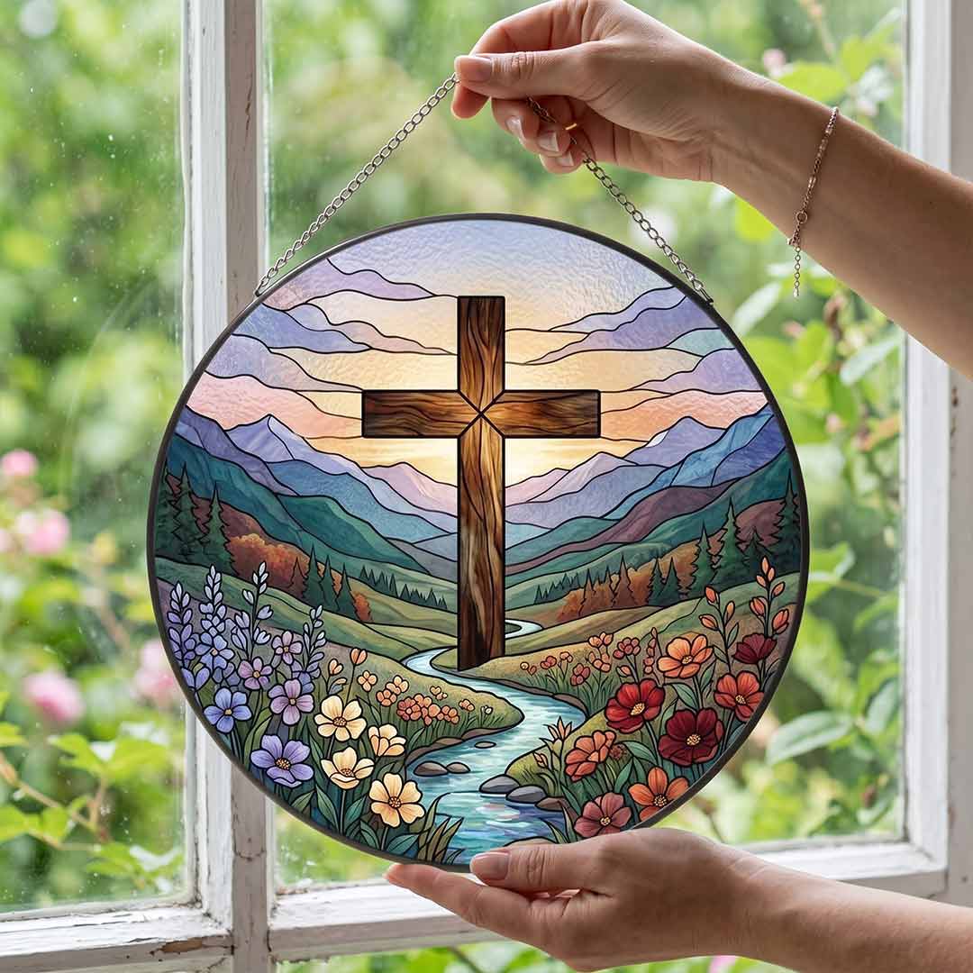 Mountain Cross Wildflower Landscape Faith Hope Spiritual Nativity Stained Glass Suncatcher Christmas Ornament