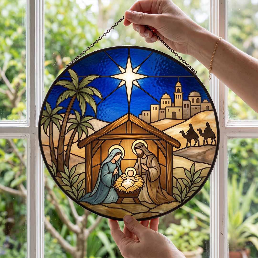 Holy Family Nativity Scene Bethlehem Star Nativity Stained Glass Suncatcher Christmas Ornament