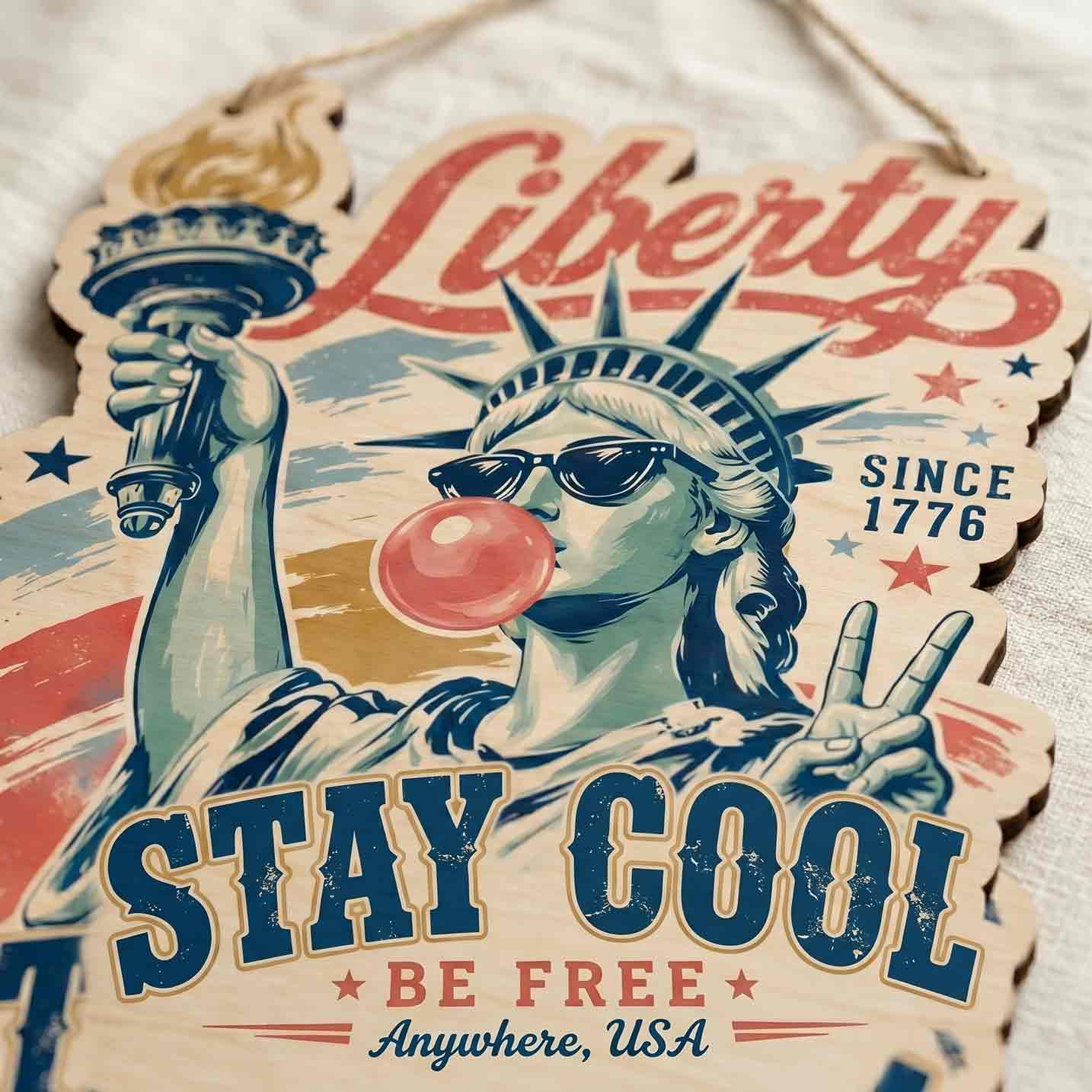 Liberty Stay Cool Be Free Wooden Hanging Sign Funny Patriotic Door Decor