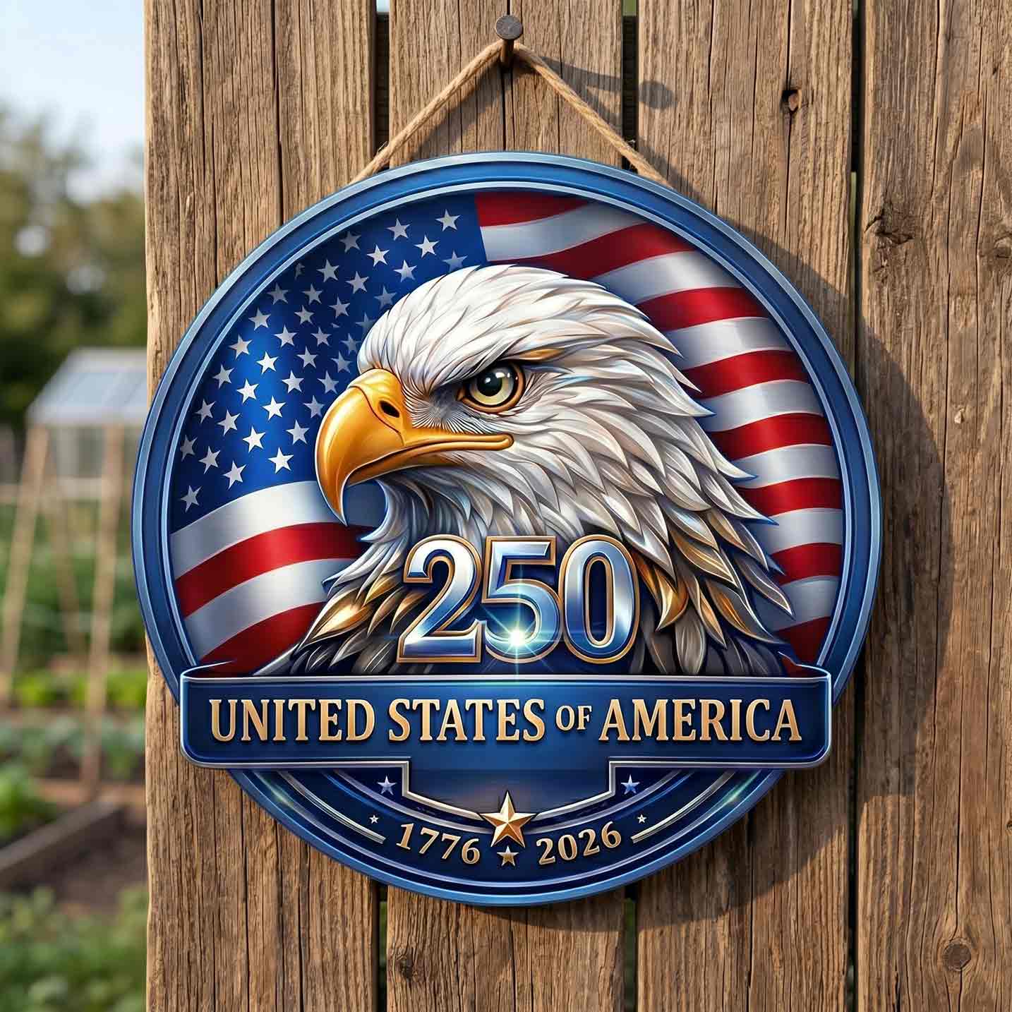 America 250 Wooden Sign With Bald Eagle and American Flag Patriotic Decor