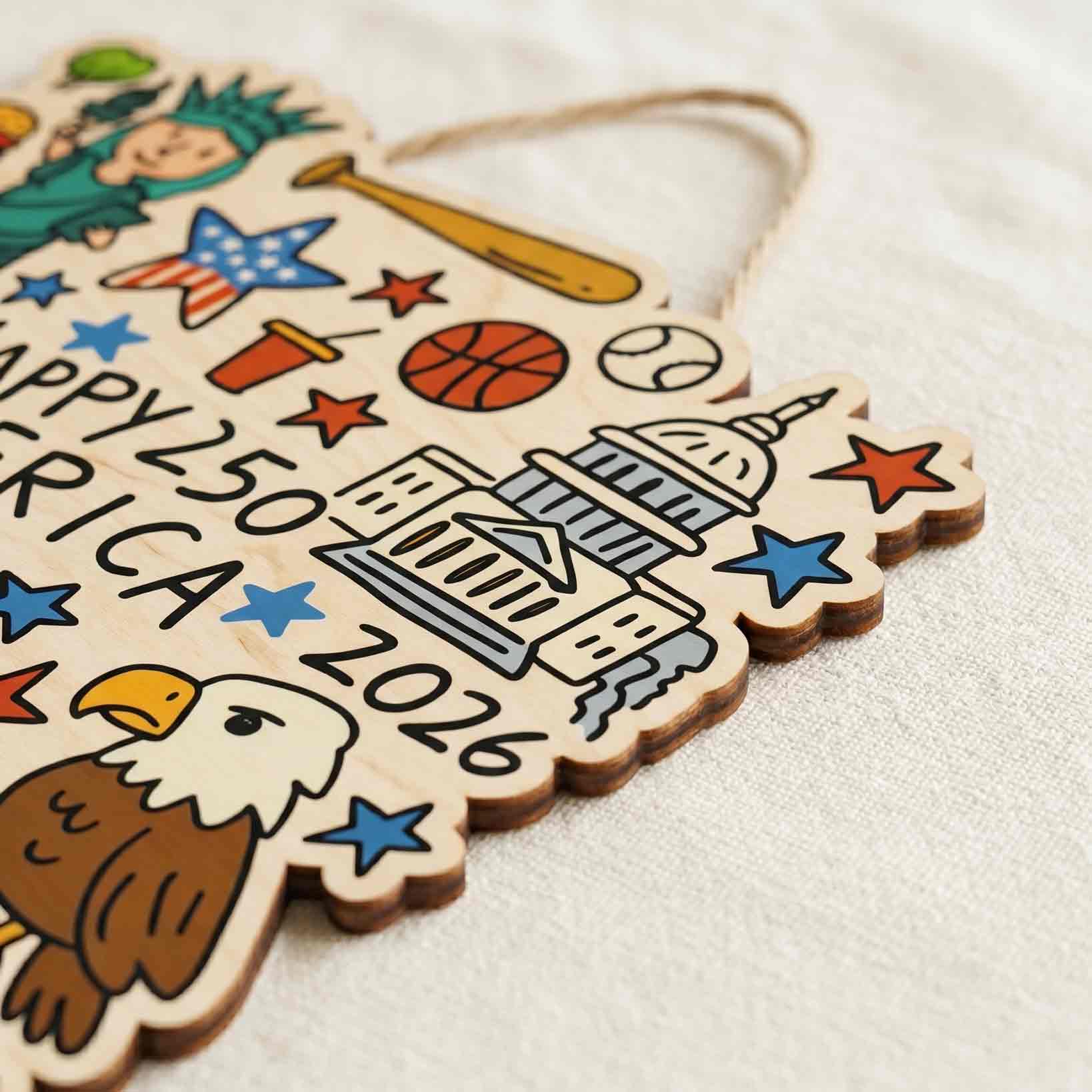 Happy 250 America 1776-2026 Doodle Patriotic Wooden Sign
