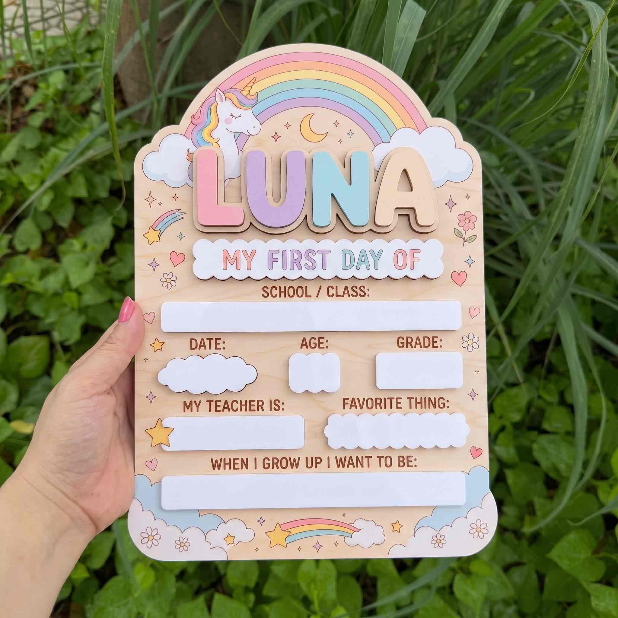 Personalized Unicorn Rainbow Theme First & Last Day School Sign, Reusable Dry Erase Board, Back to School Sign